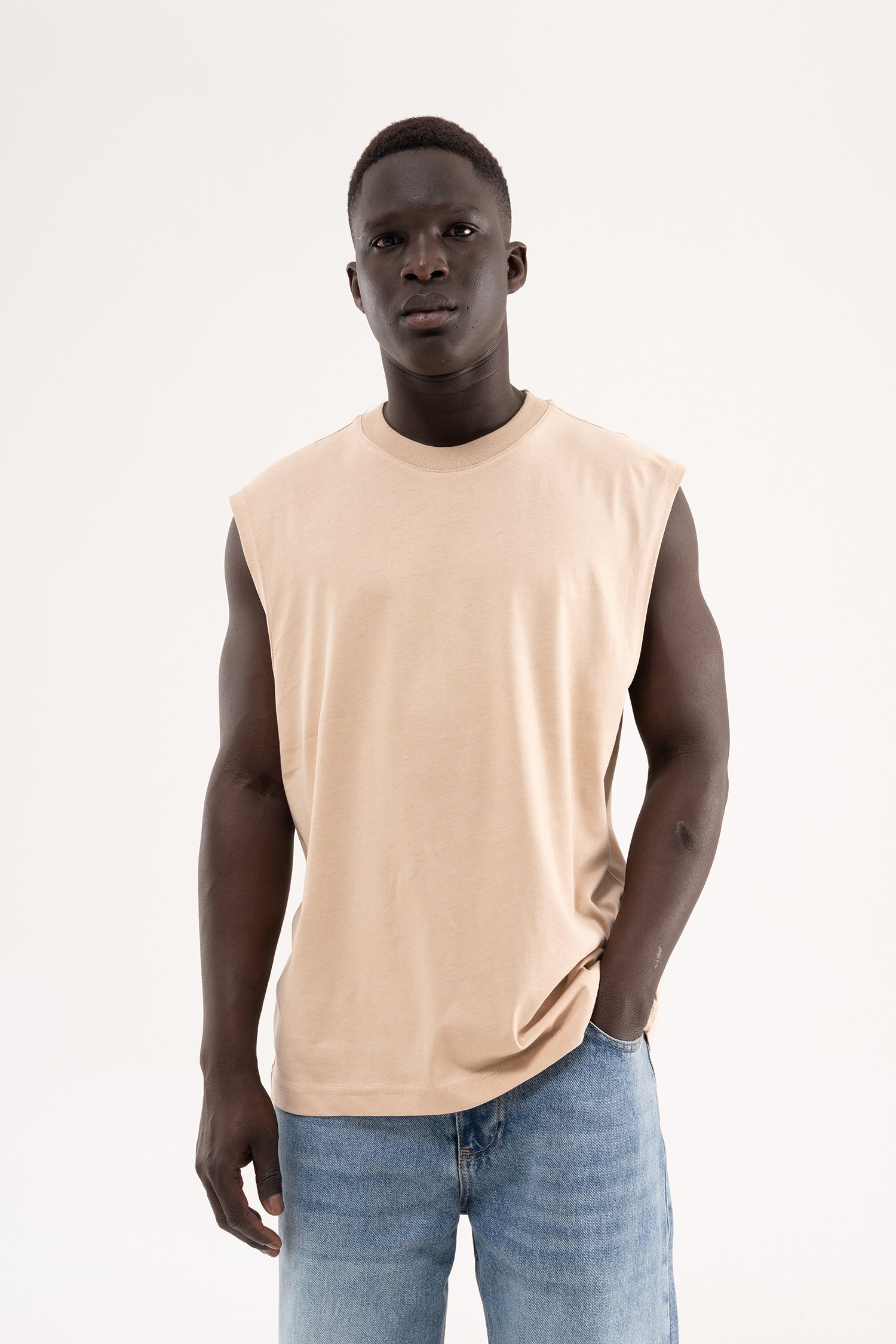 Erkek Oversize Bisiklet Yaka Basic Atlet Bej