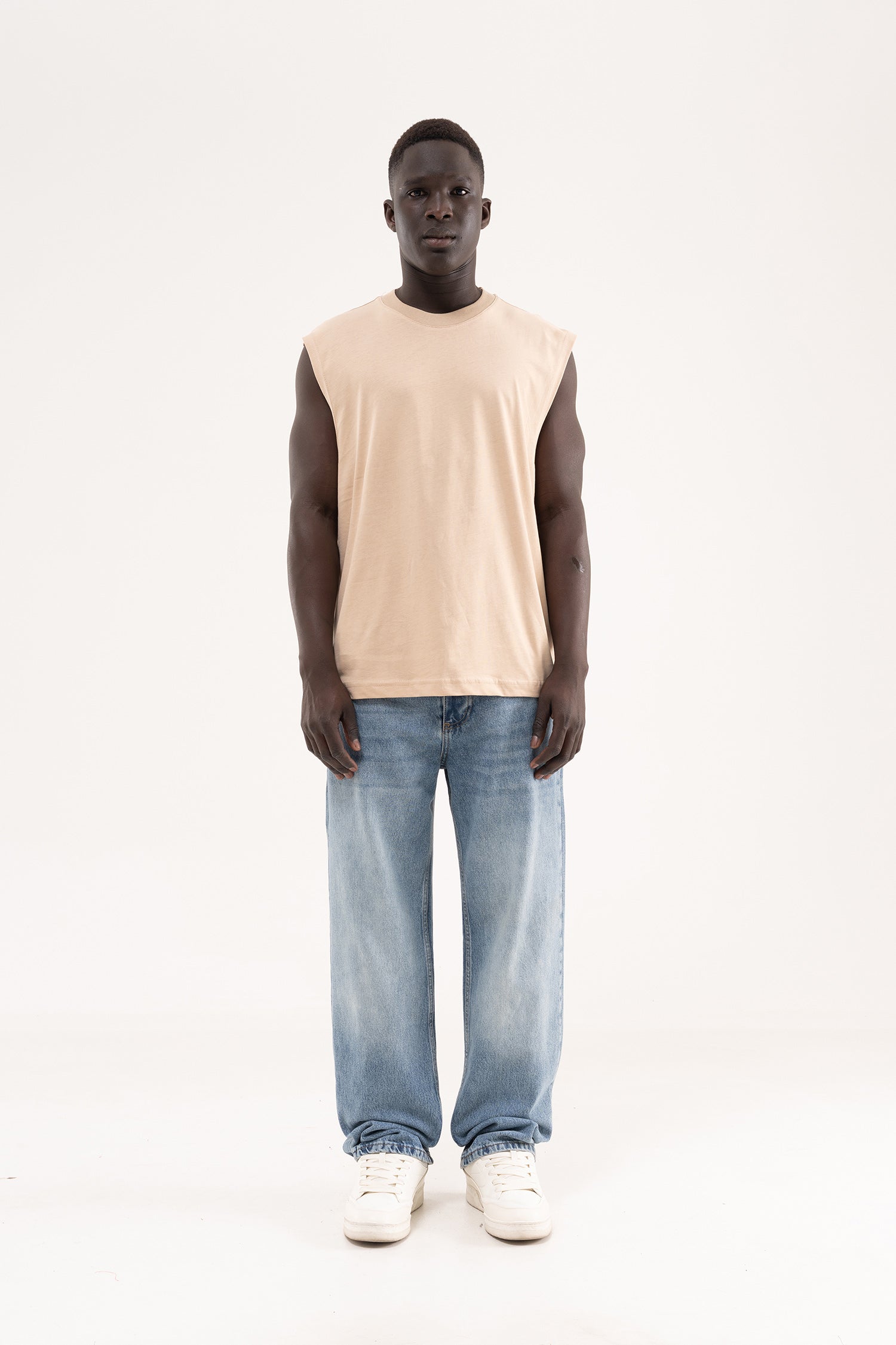 Erkek Oversize Bisiklet Yaka Basic Atlet Bej-6