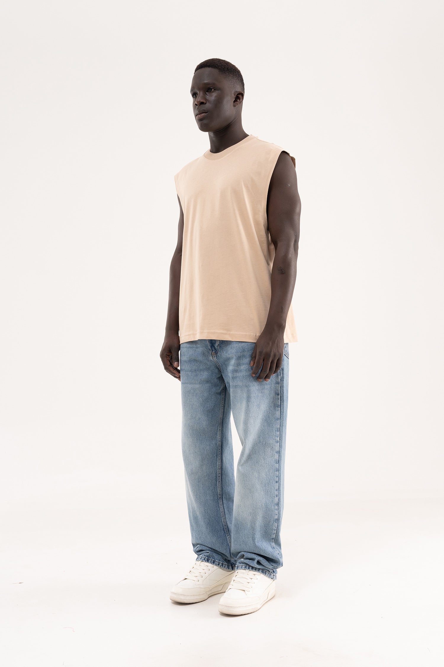 Erkek Oversize Bisiklet Yaka Basic Atlet Bej-7