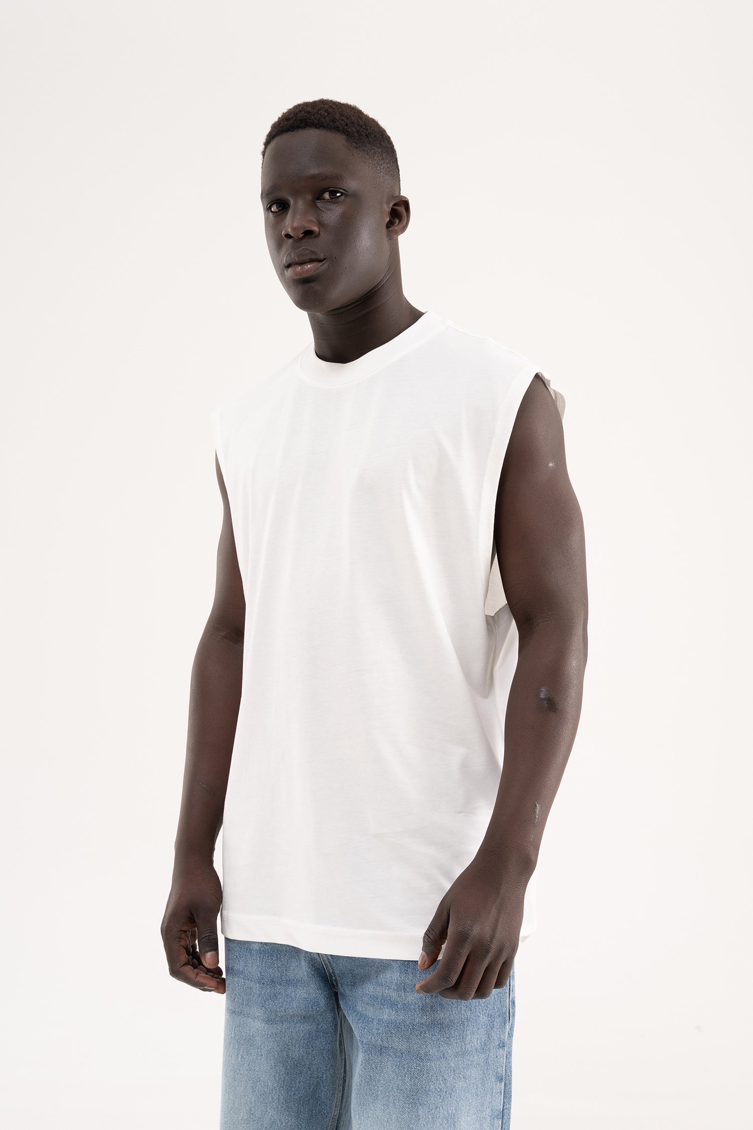 Erkek Oversize Bisiklet Yaka Basic Atlet Beyaz-3
