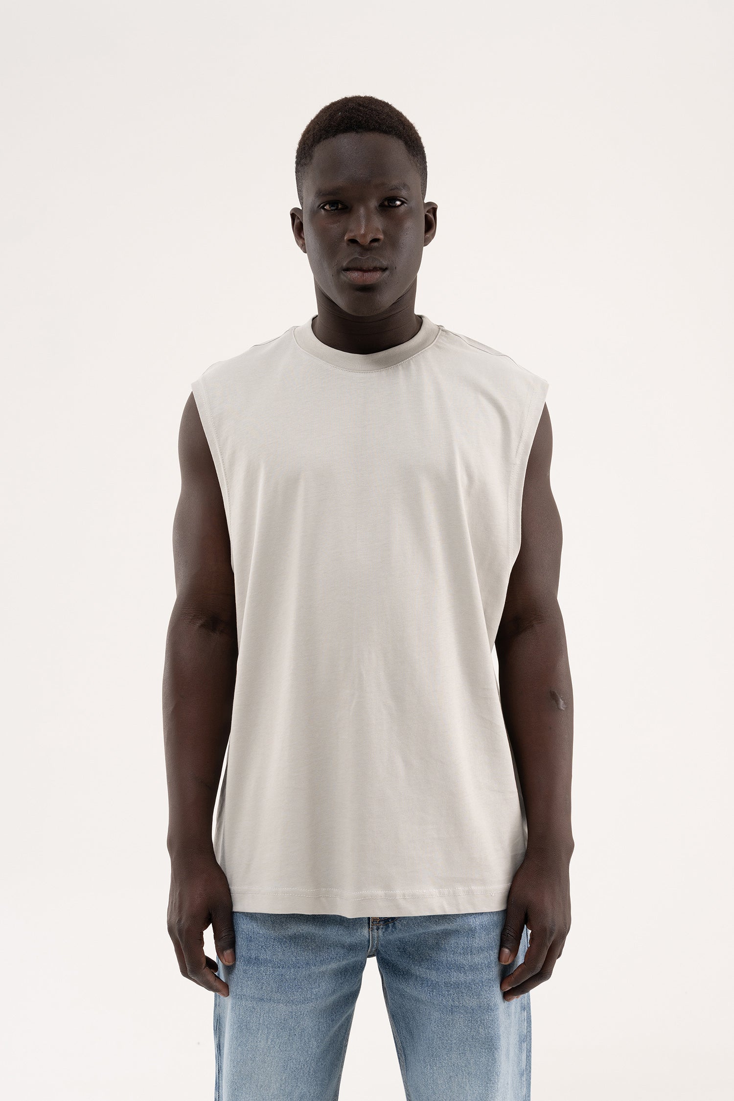 Erkek Oversize Bisiklet Yaka Basic Atlet Boyama Gri