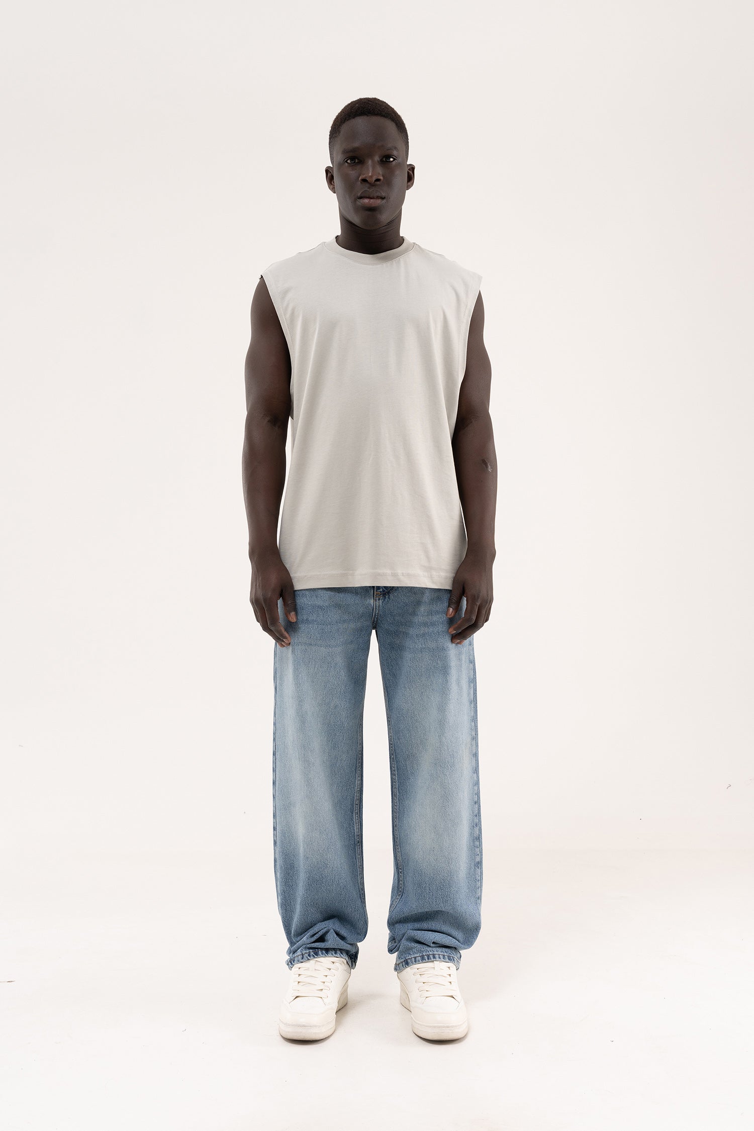 Erkek Oversize Bisiklet Yaka Basic Atlet Boyama Gri-6