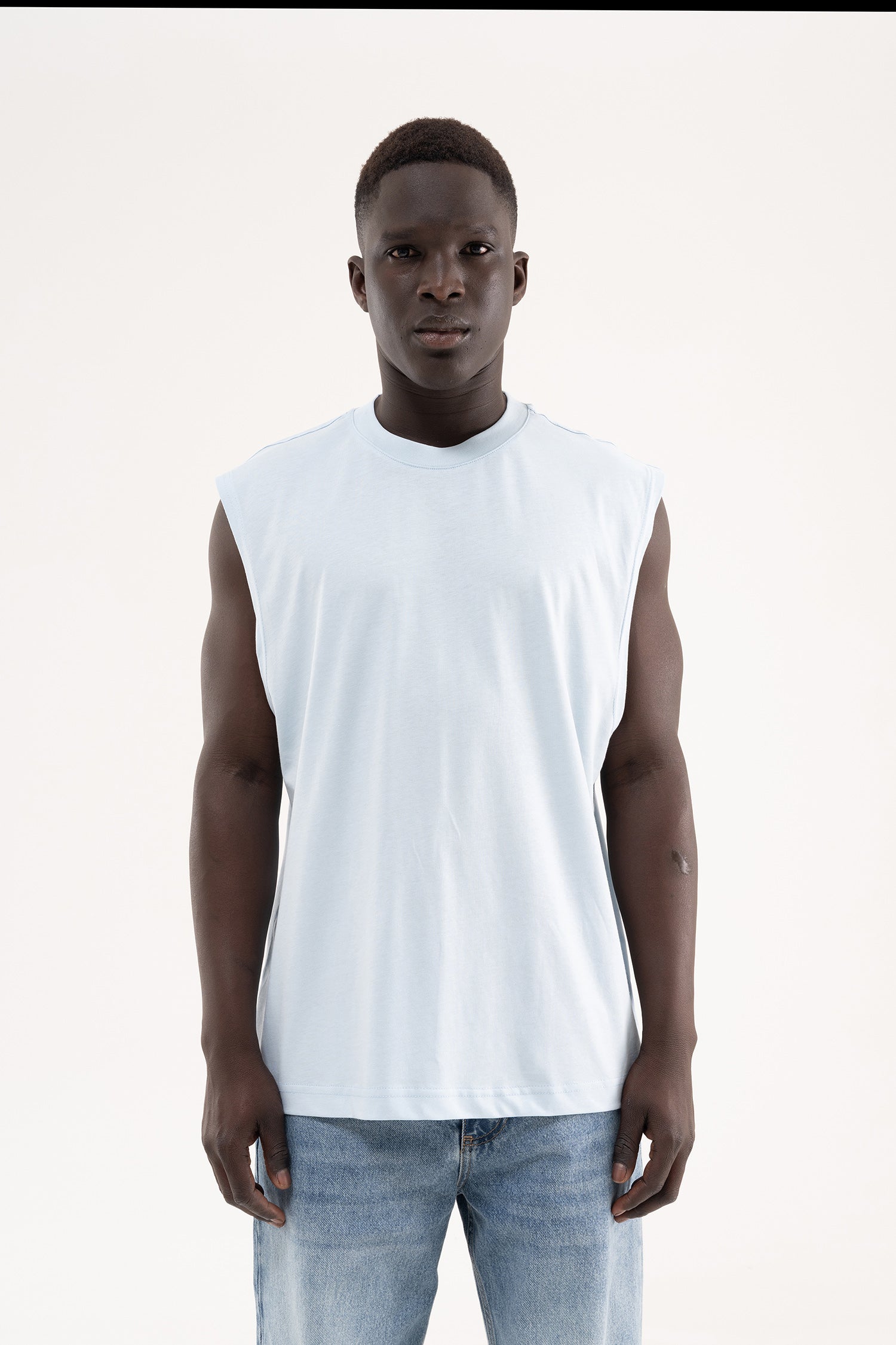 Erkek Oversize Bisiklet Yaka Basic Atlet Buz Mavisi