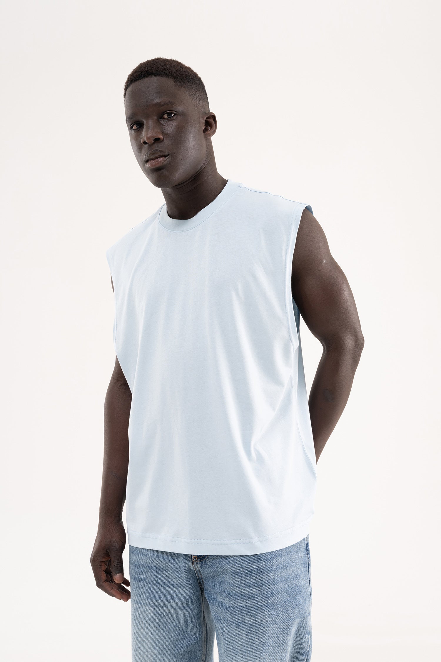 Erkek Oversize Bisiklet Yaka Basic Atlet Buz Mavisi-3