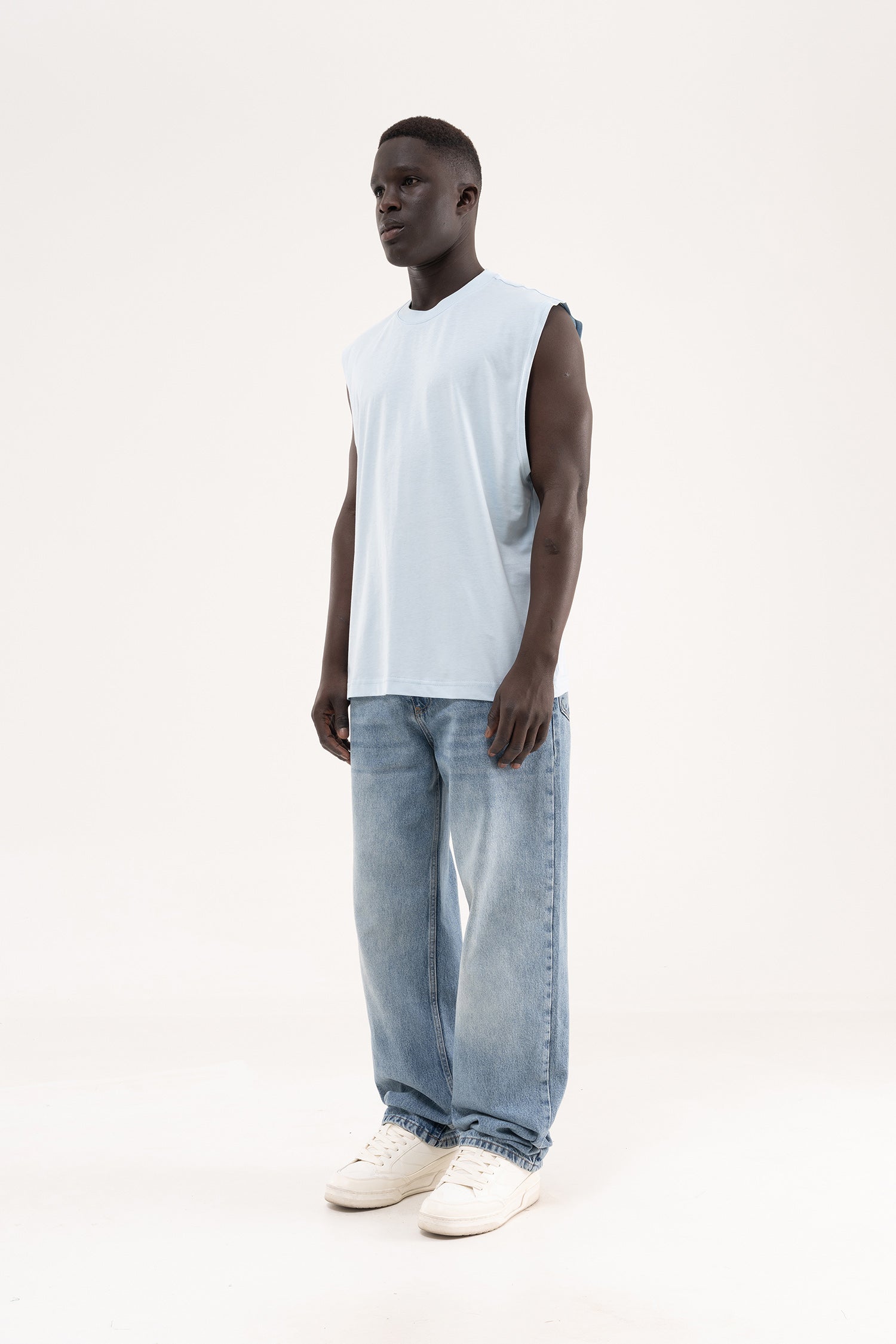 Erkek Oversize Bisiklet Yaka Basic Atlet Buz Mavisi-7