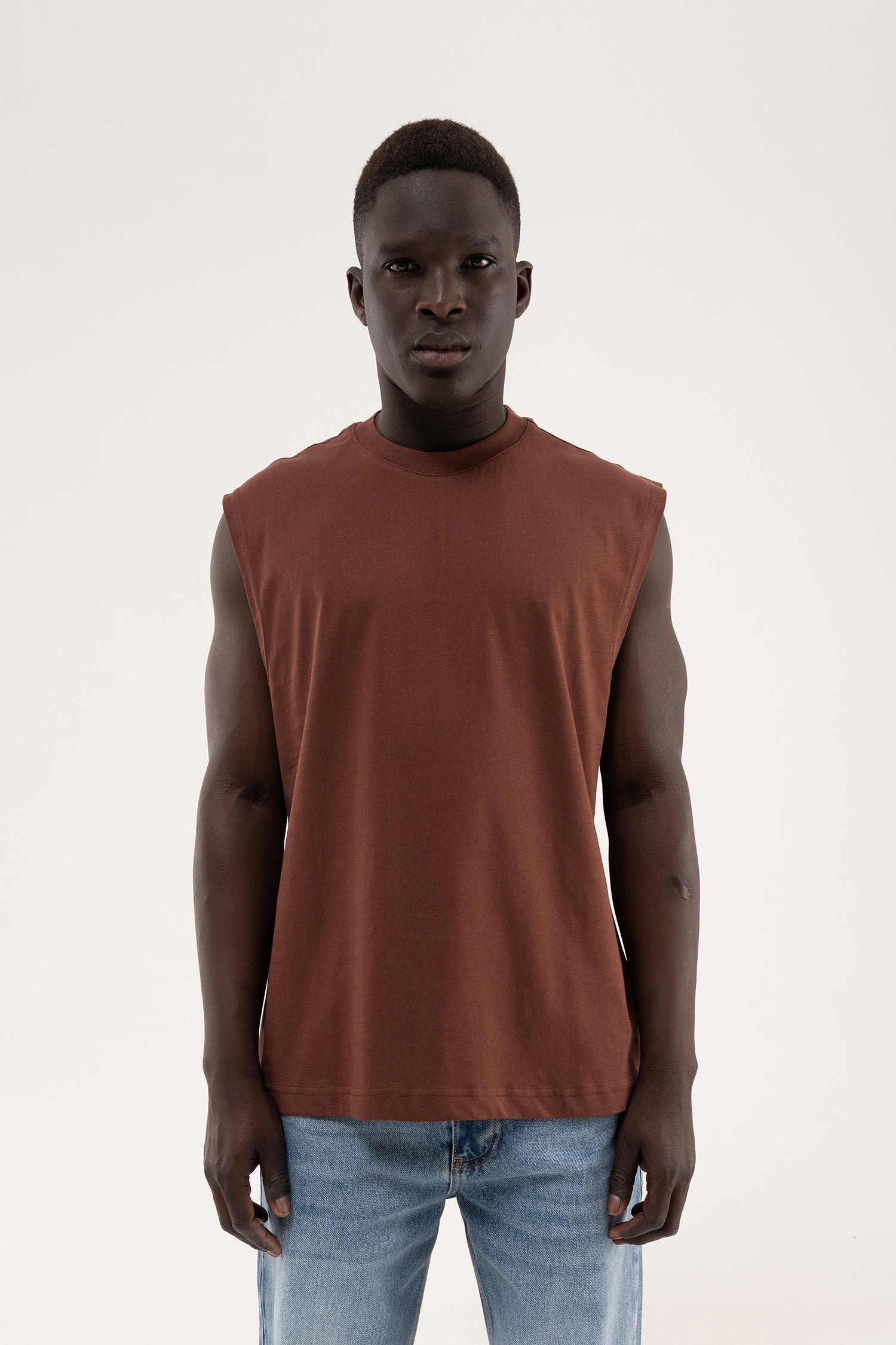 Erkek Oversize Bisiklet Yaka Basic Atlet Çikolata