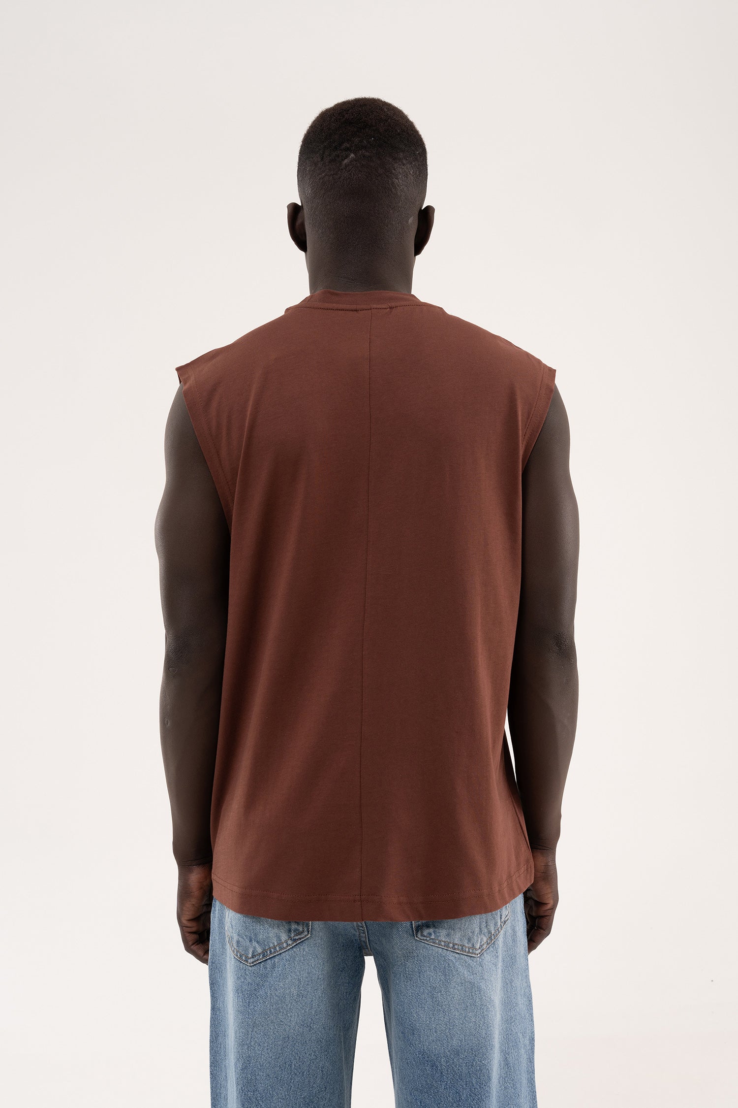 Erkek Oversize Bisiklet Yaka Basic Atlet Çikolata-5