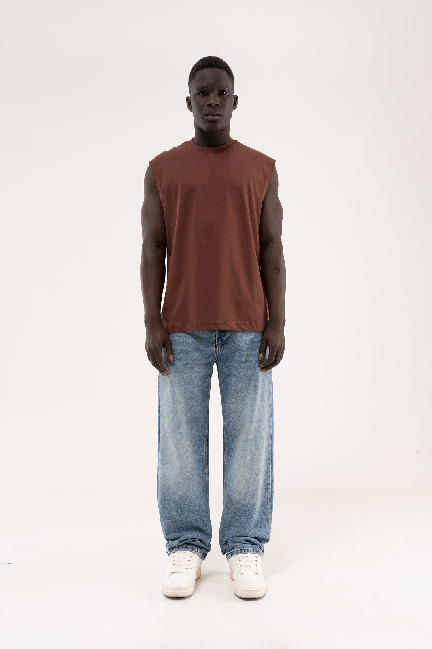 Erkek Oversize Bisiklet Yaka Basic Atlet Çikolata-6