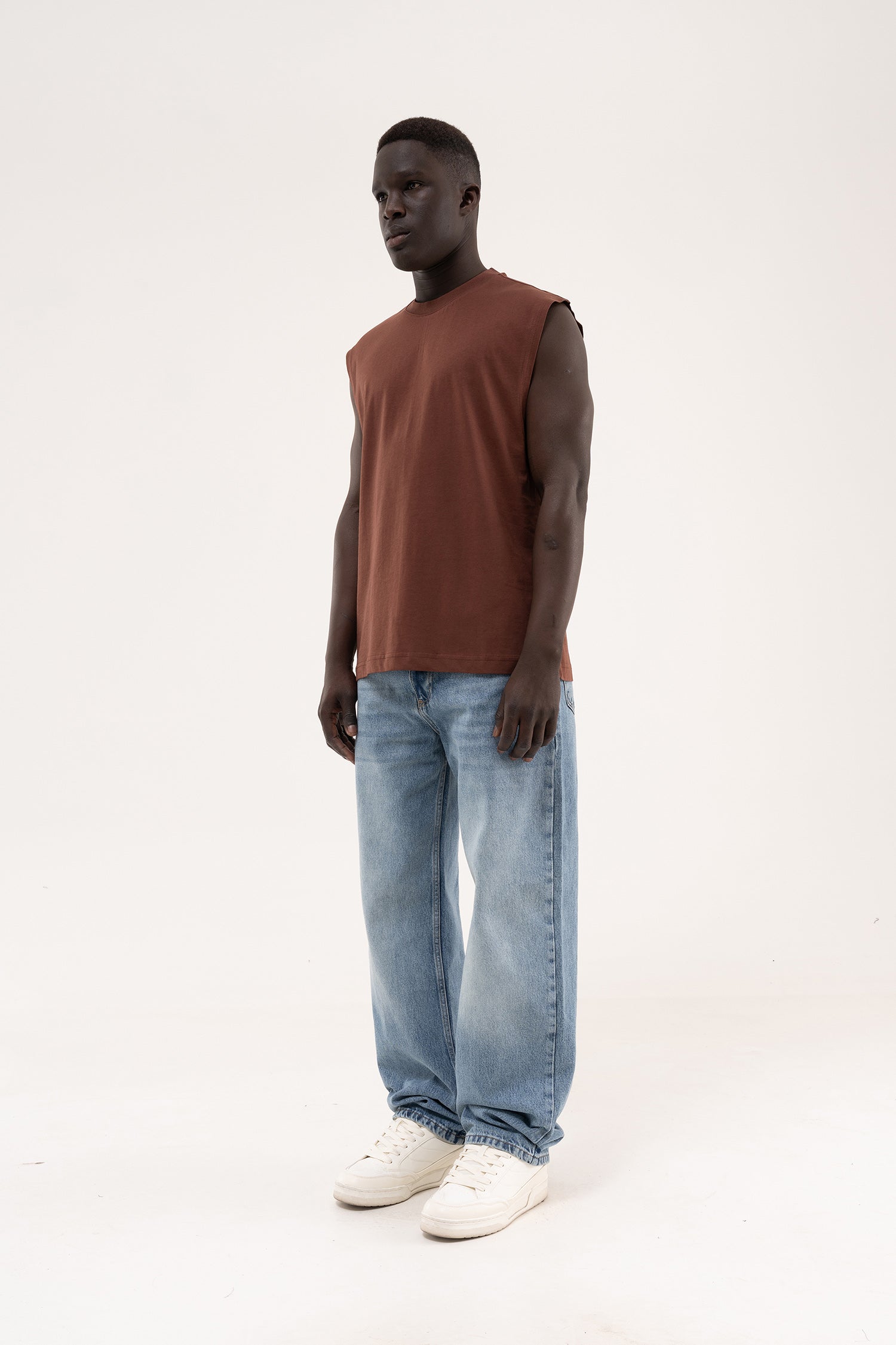 Erkek Oversize Bisiklet Yaka Basic Atlet Çikolata-7