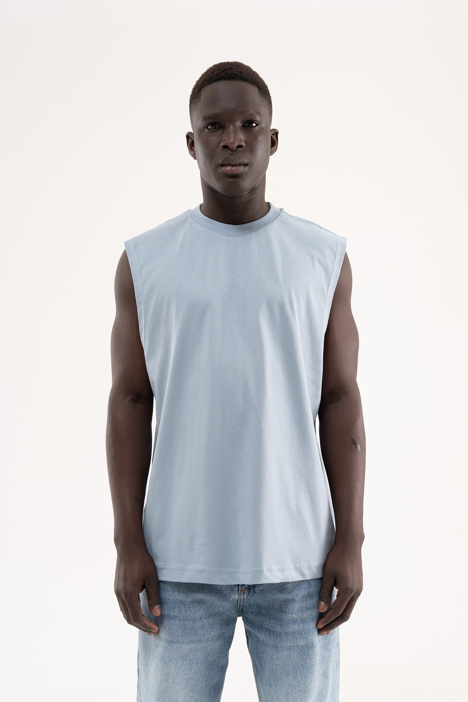 Erkek Oversize Bisiklet Yaka Basic Atlet Duman Mavi