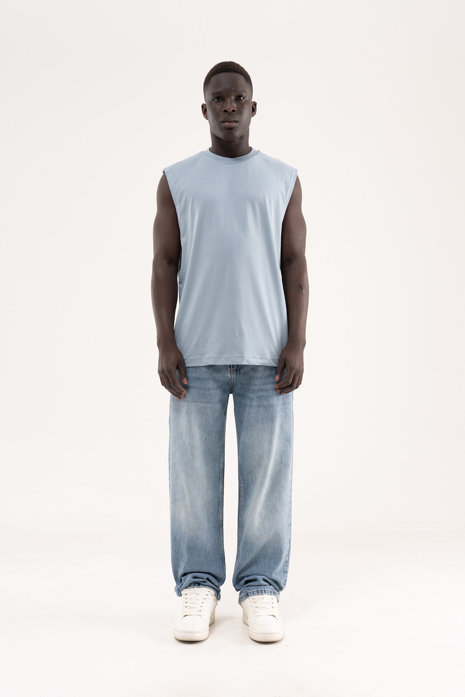 Erkek Oversize Bisiklet Yaka Basic Atlet Duman Mavi-6