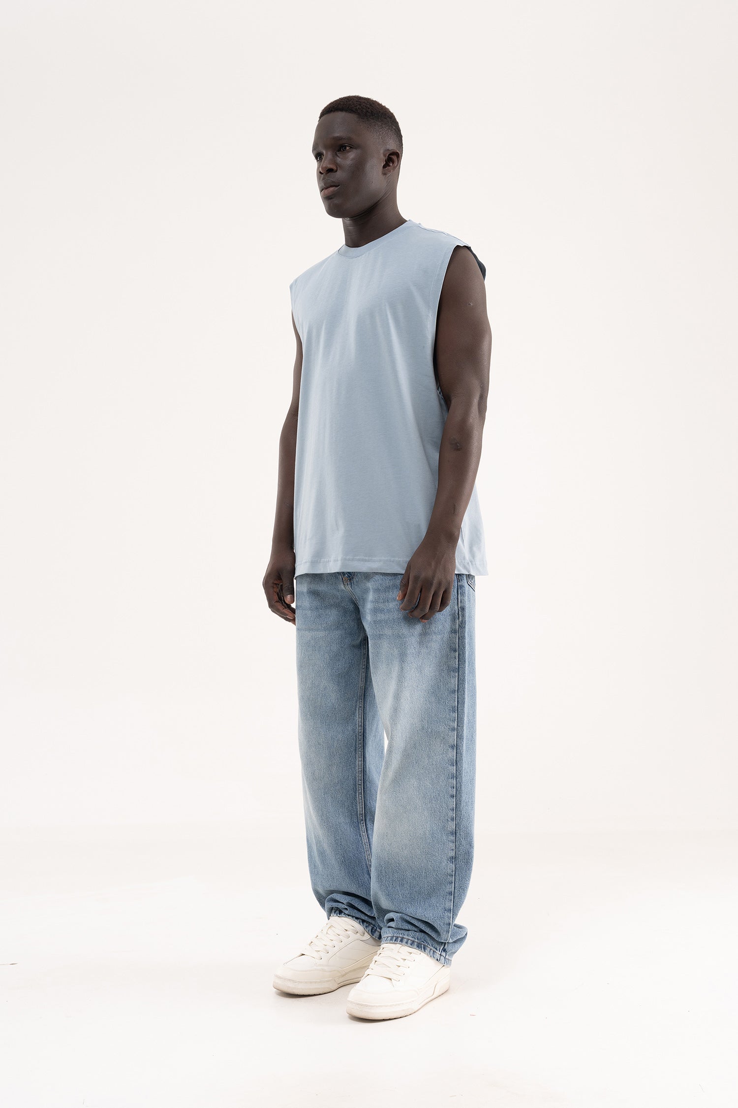Erkek Oversize Bisiklet Yaka Basic Atlet Duman Mavi-7