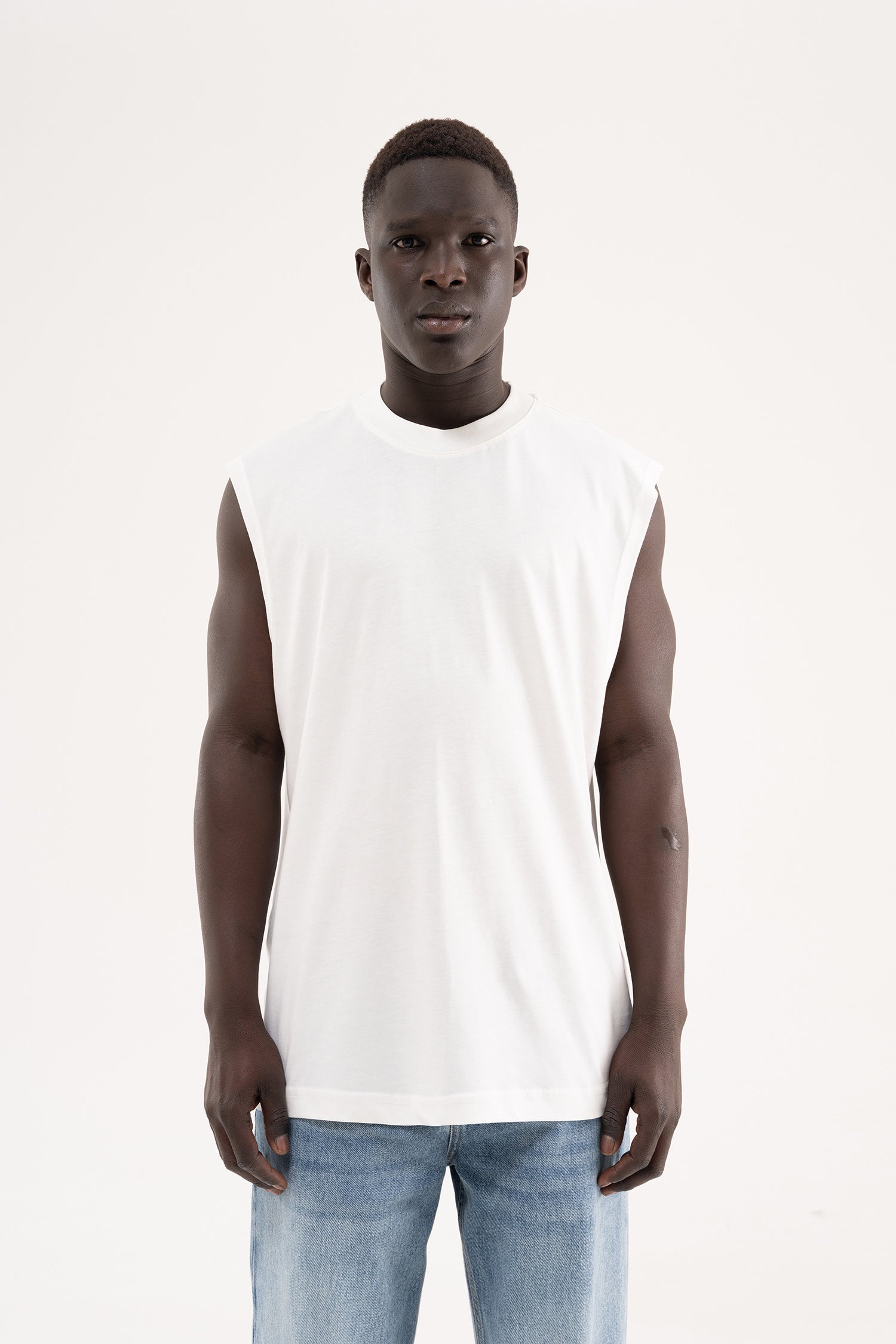 Erkek Oversize Bisiklet Yaka Basic Atlet Ekru