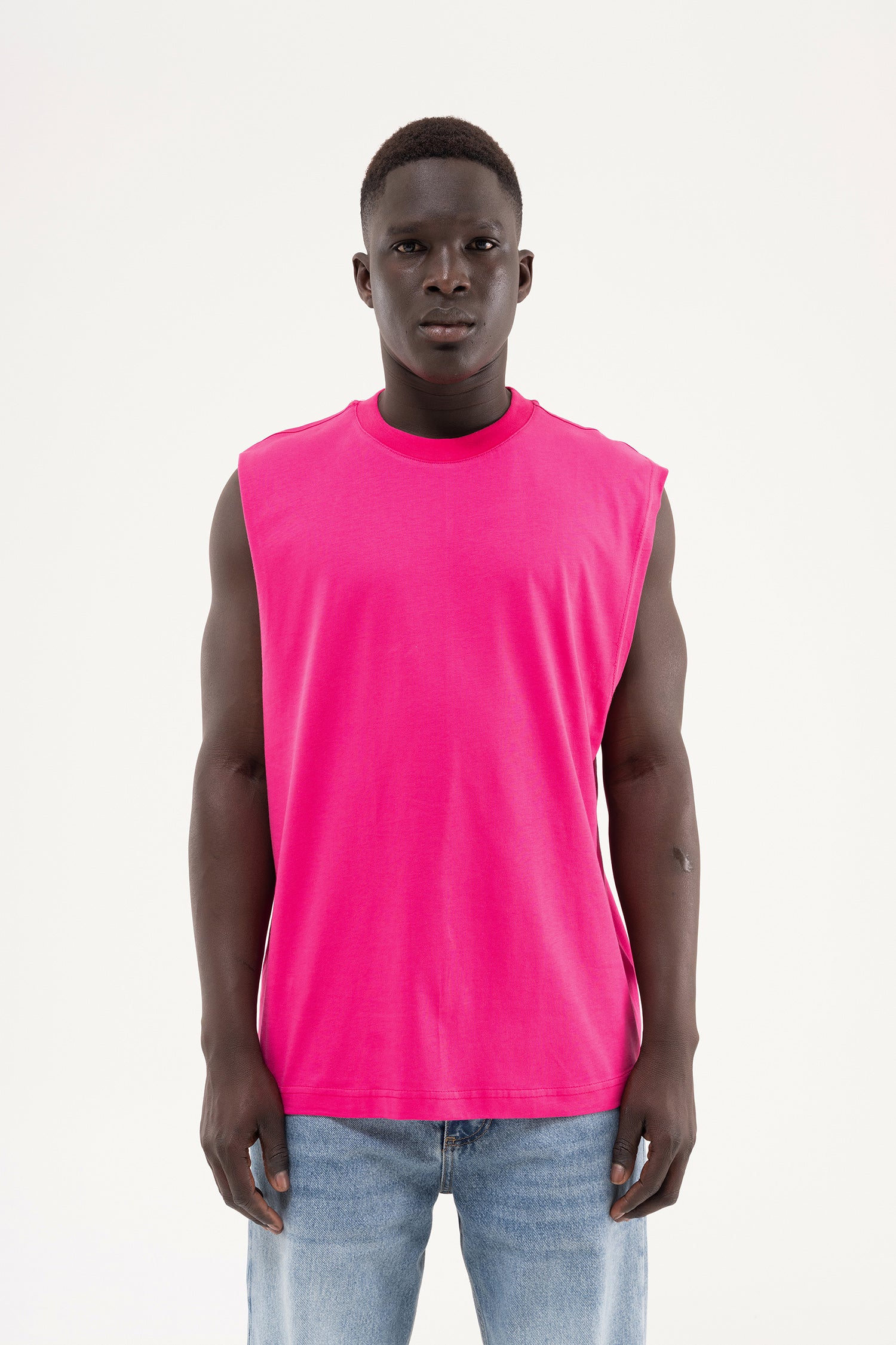 Erkek Oversize Bisiklet Yaka Basic Atlet Fuşya