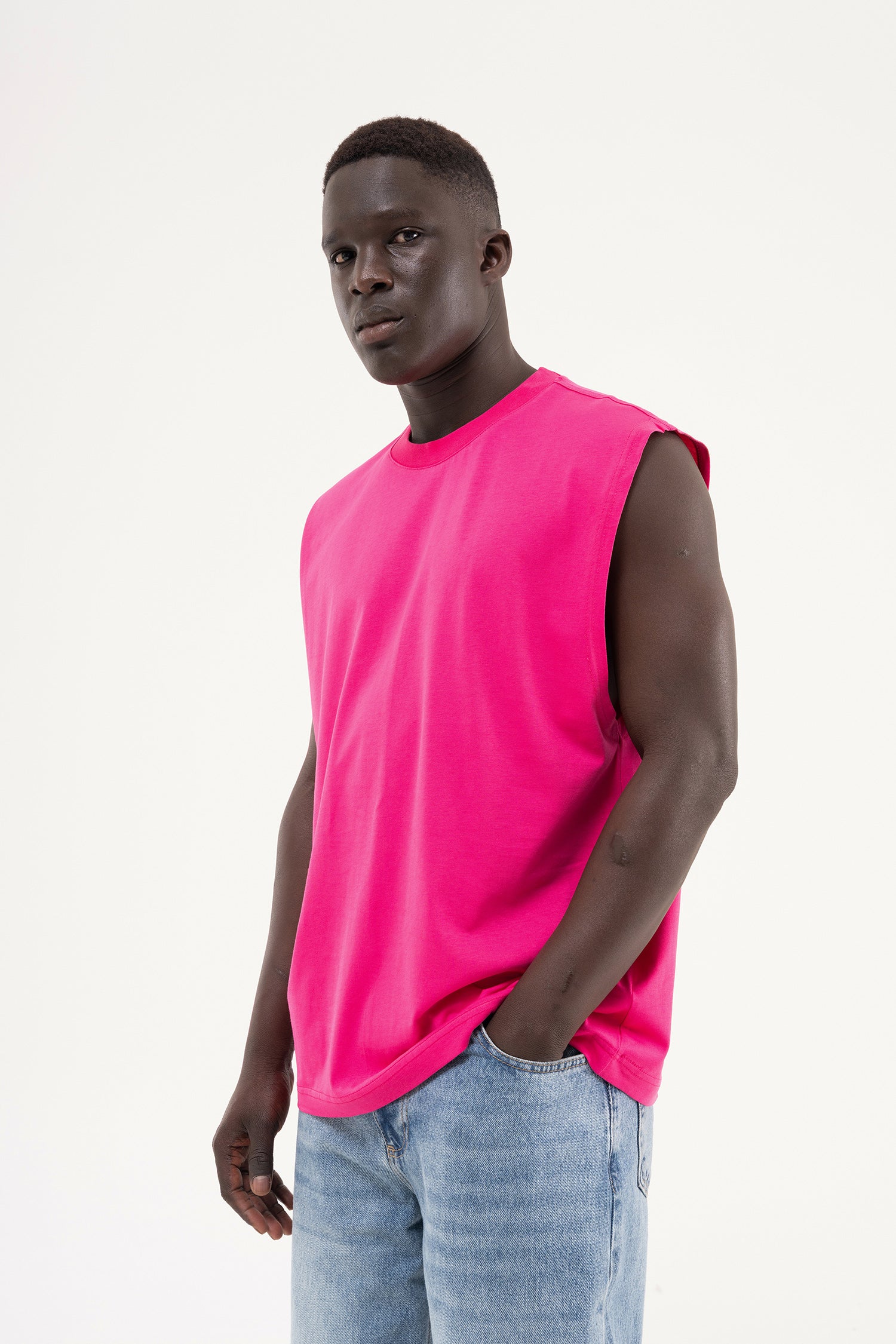 Erkek Oversize Bisiklet Yaka Basic Atlet Fuşya-3