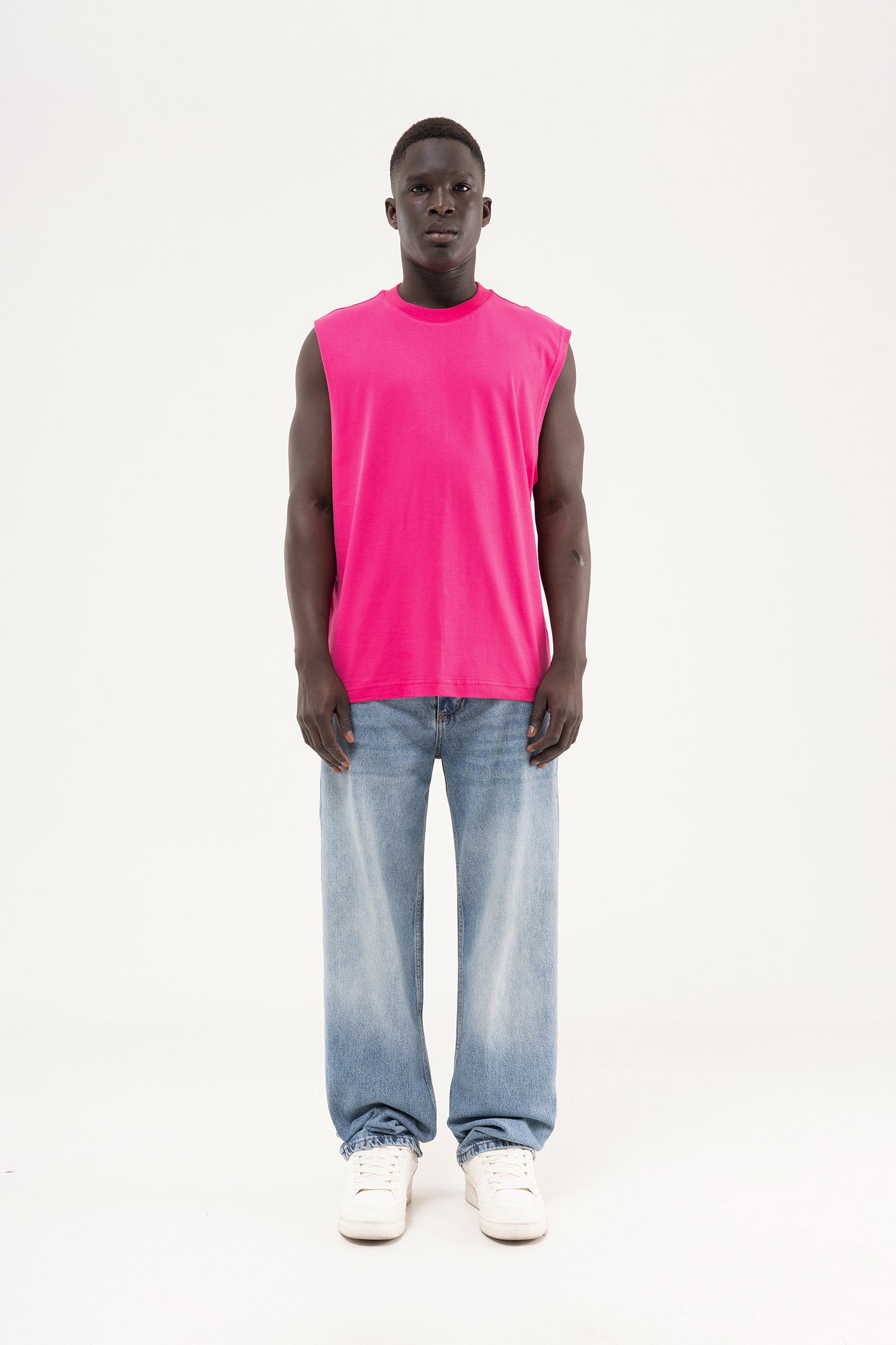 Erkek Oversize Bisiklet Yaka Basic Atlet Fuşya-6