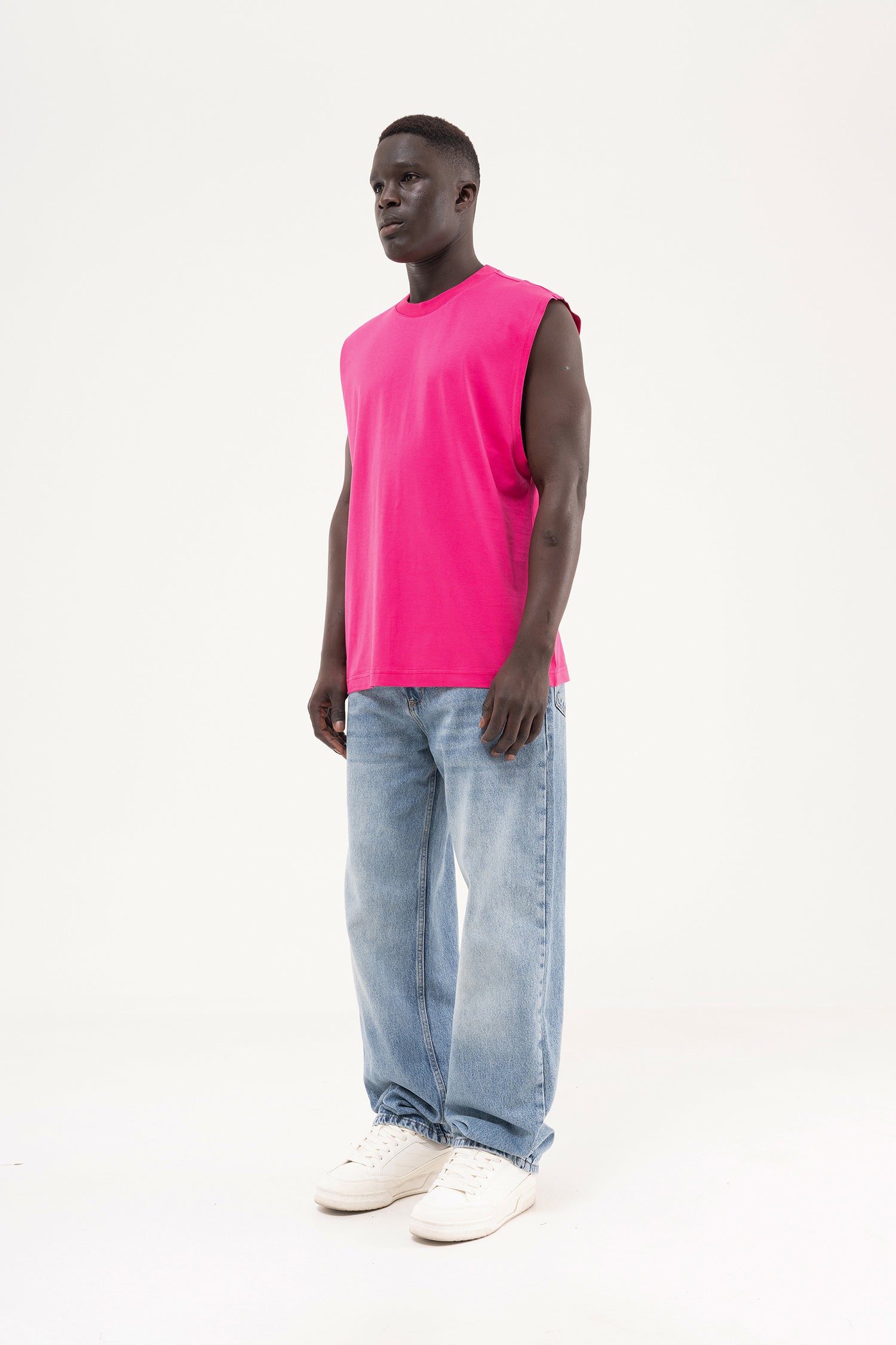 Erkek Oversize Bisiklet Yaka Basic Atlet Fuşya-7