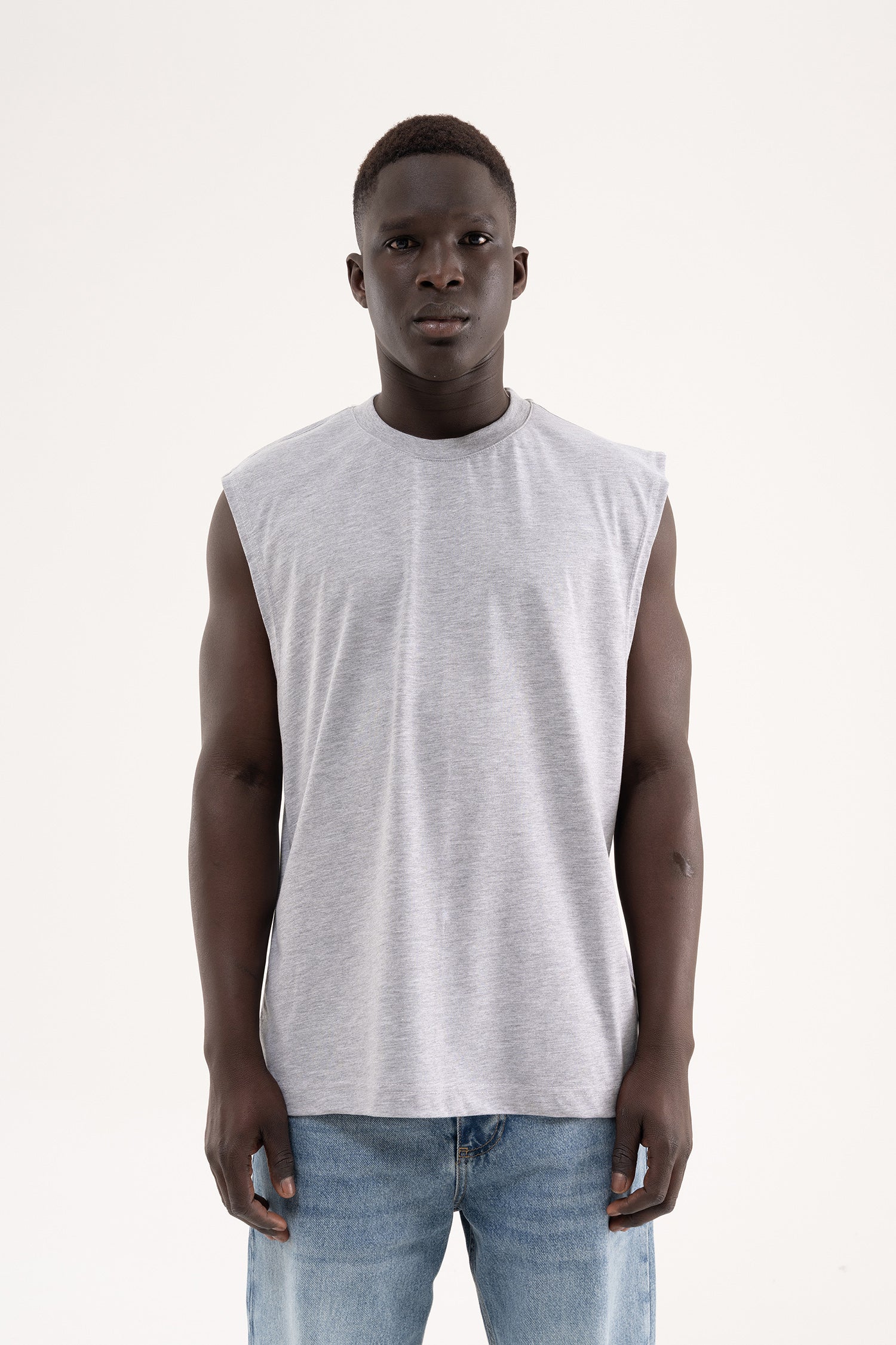 Erkek Oversize Bisiklet Yaka Basic Atlet Gri Melanj