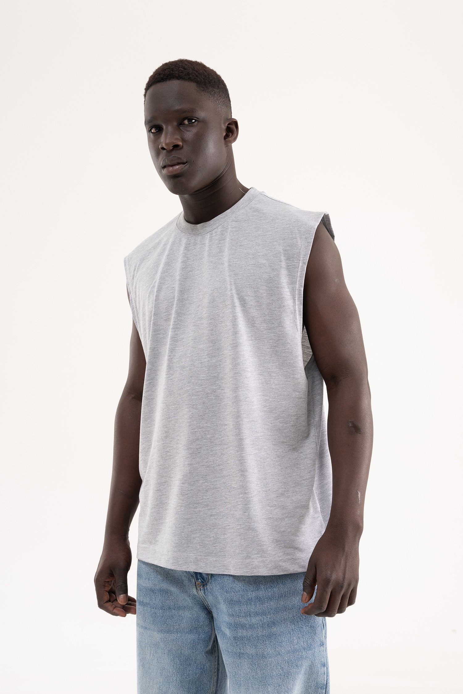 Erkek Oversize Bisiklet Yaka Basic Atlet Gri Melanj-3