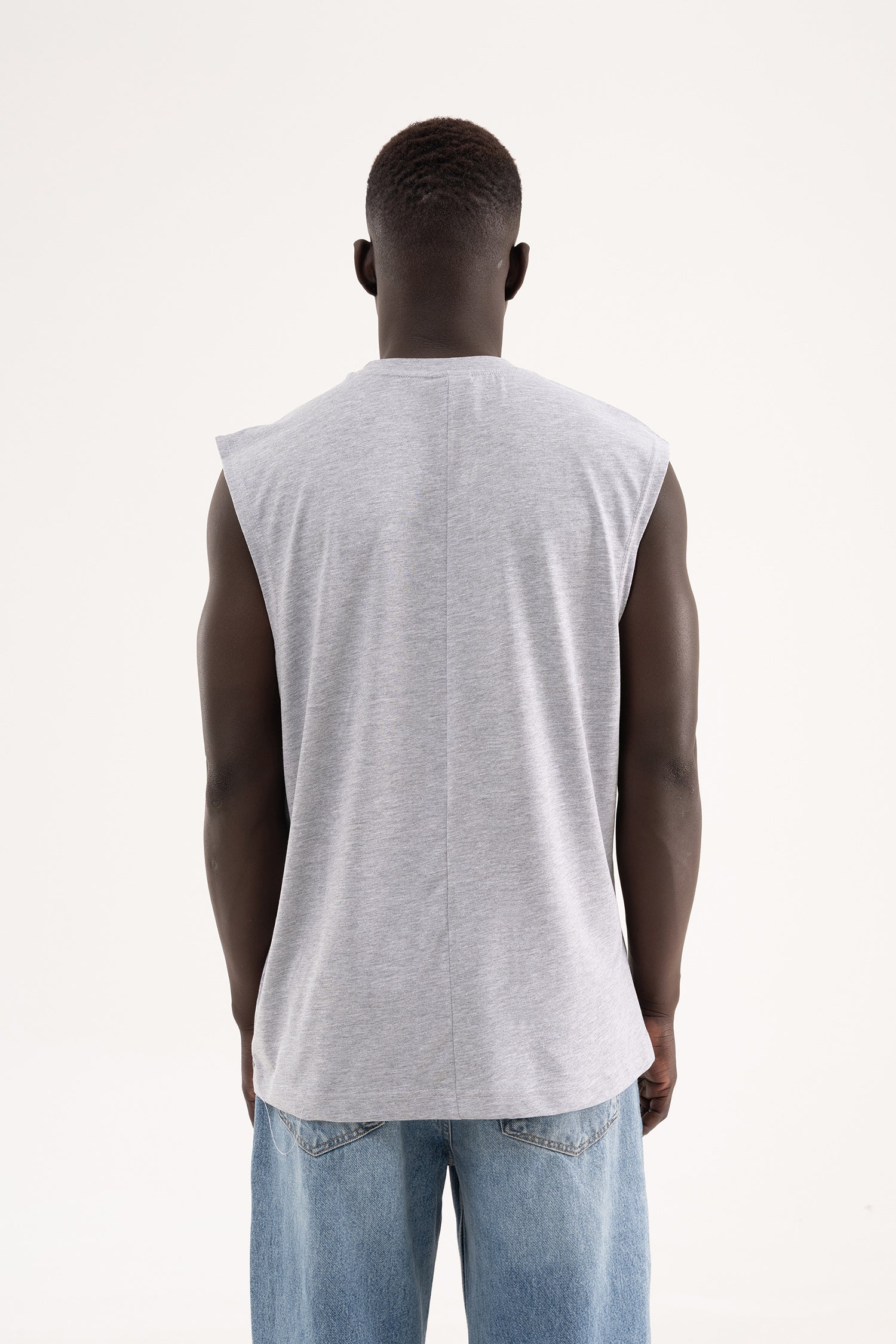 Erkek Oversize Bisiklet Yaka Basic Atlet Gri Melanj-5