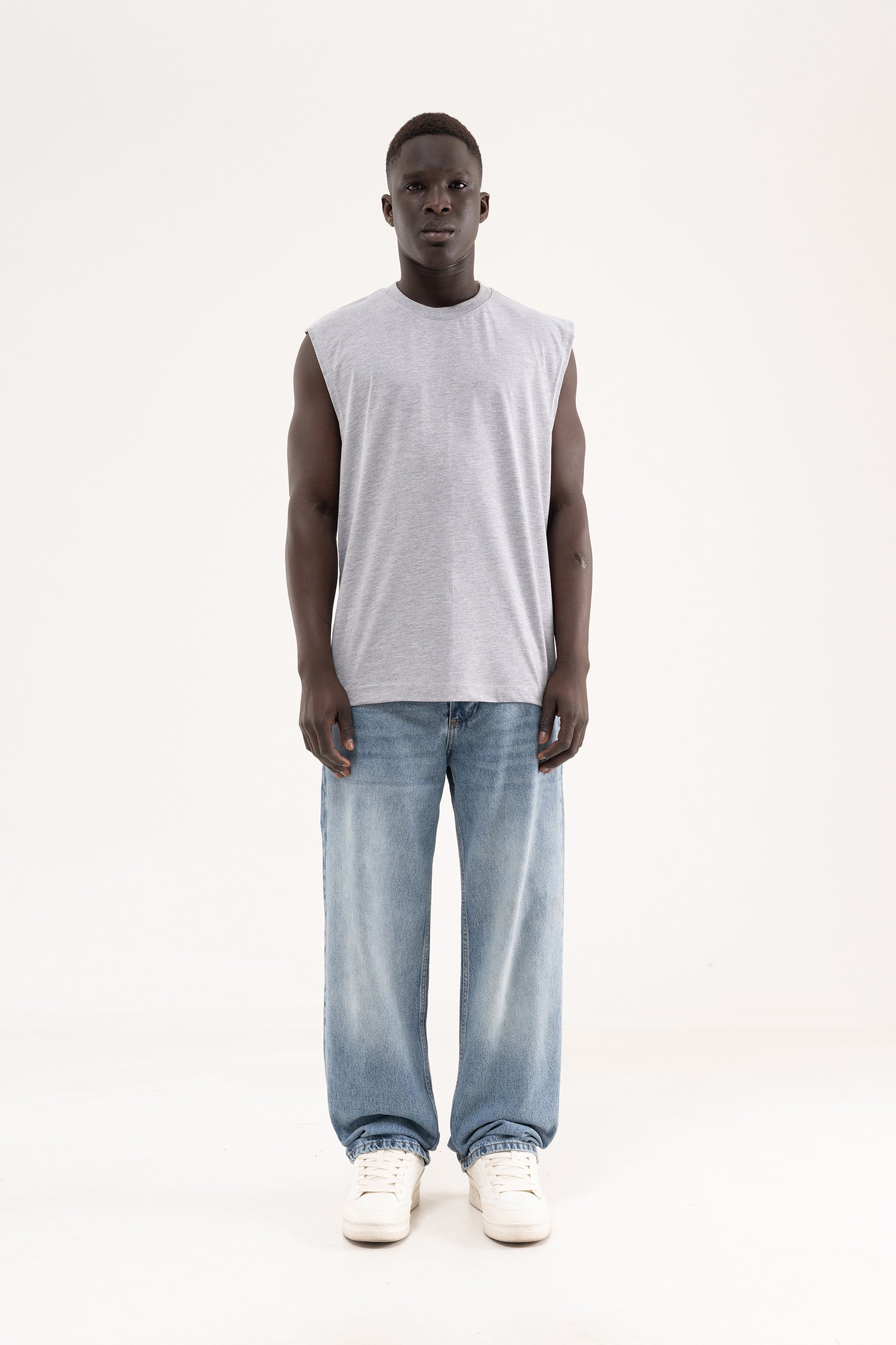 Erkek Oversize Bisiklet Yaka Basic Atlet Gri Melanj-6