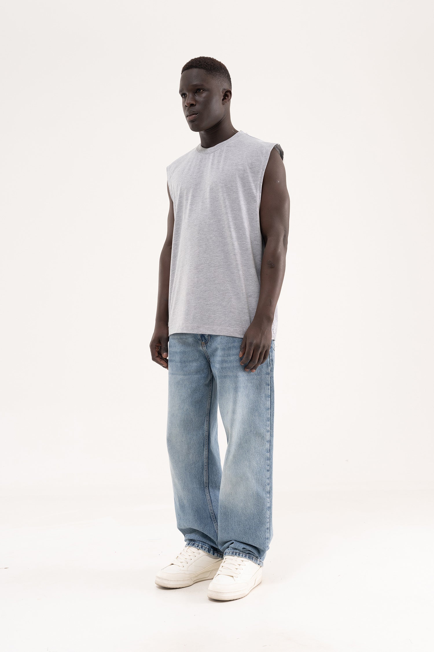 Erkek Oversize Bisiklet Yaka Basic Atlet Gri Melanj-7