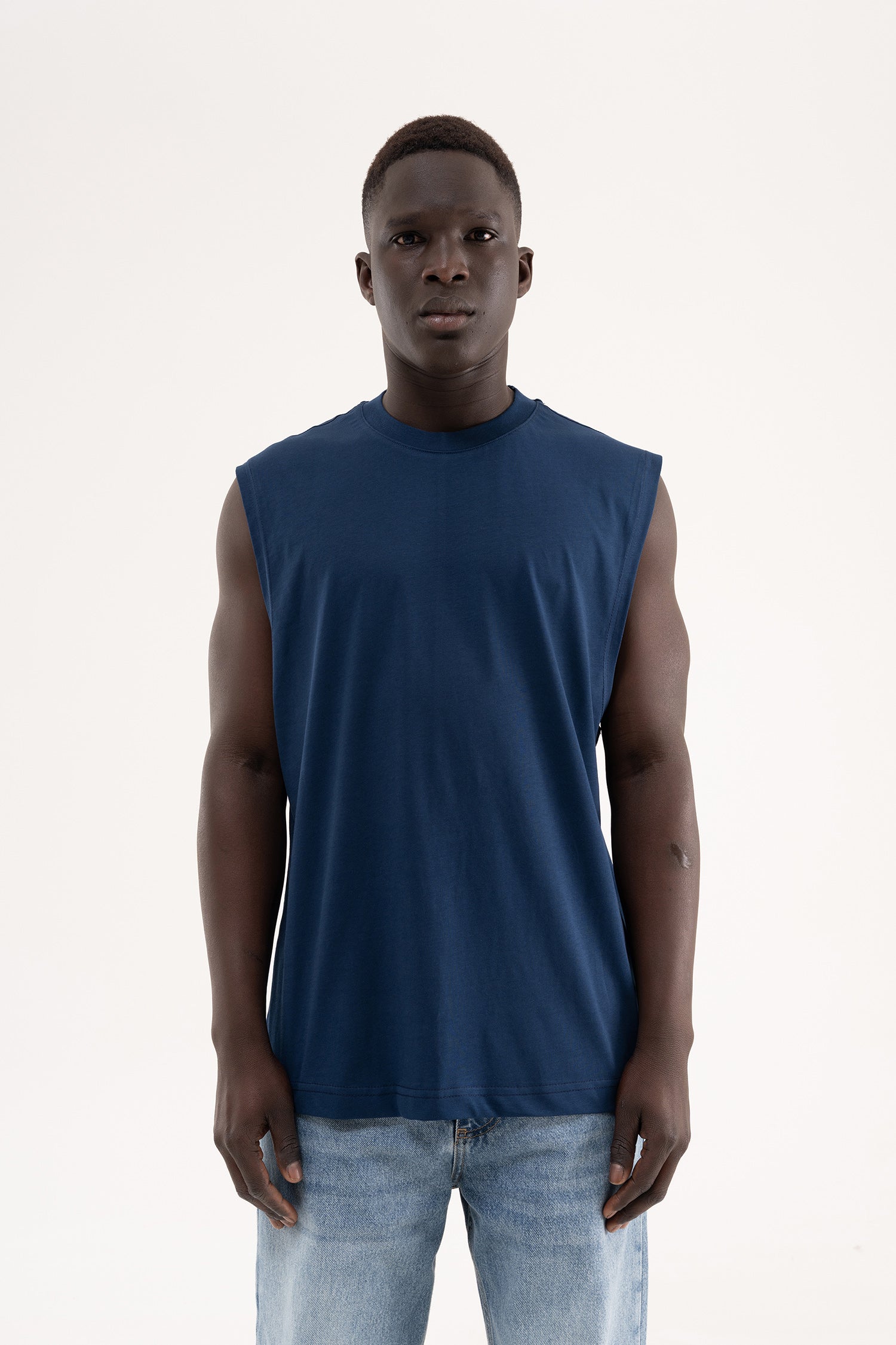 Erkek Oversize Bisiklet Yaka Basic Atlet Indigo