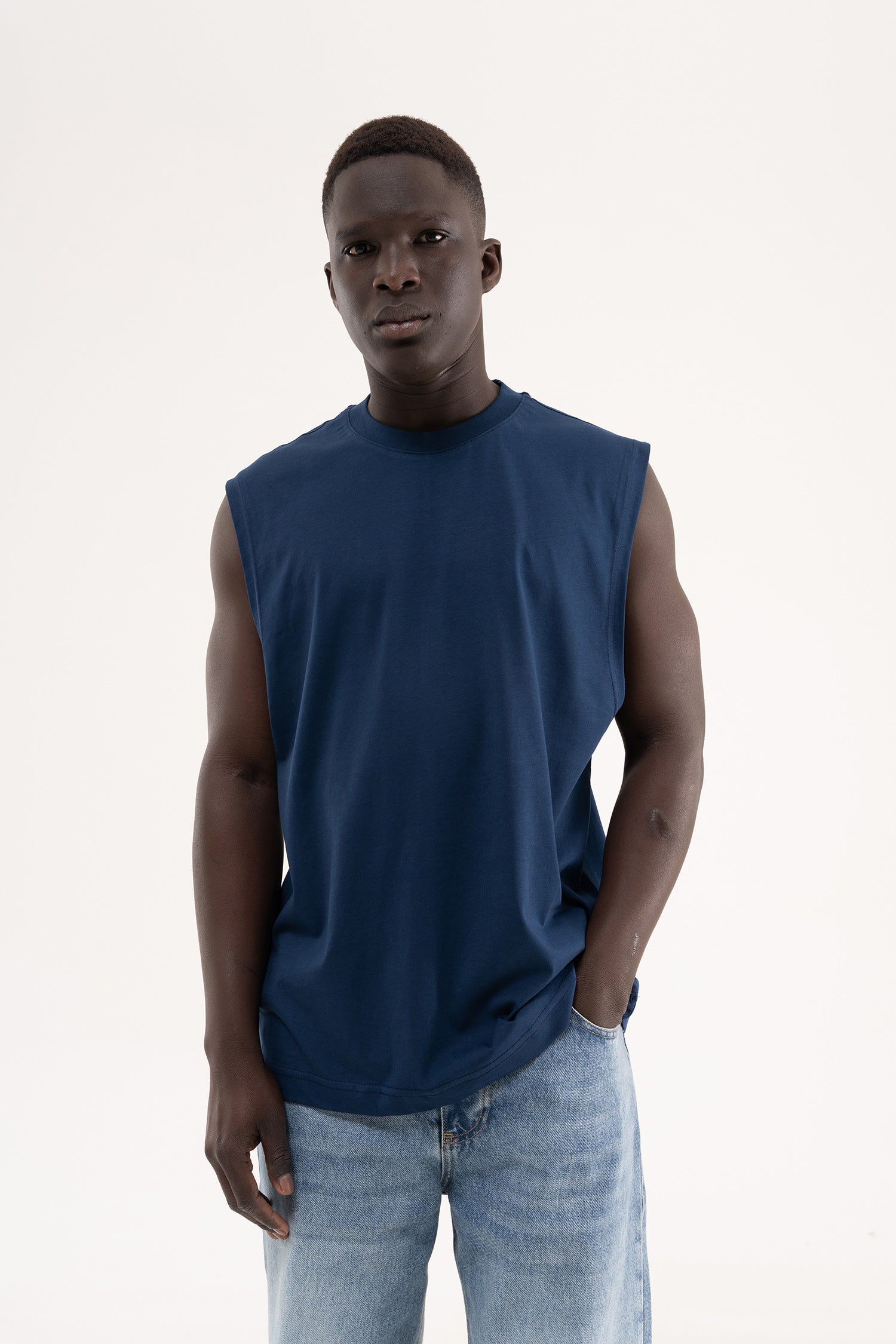 Erkek Oversize Bisiklet Yaka Basic Atlet Indigo