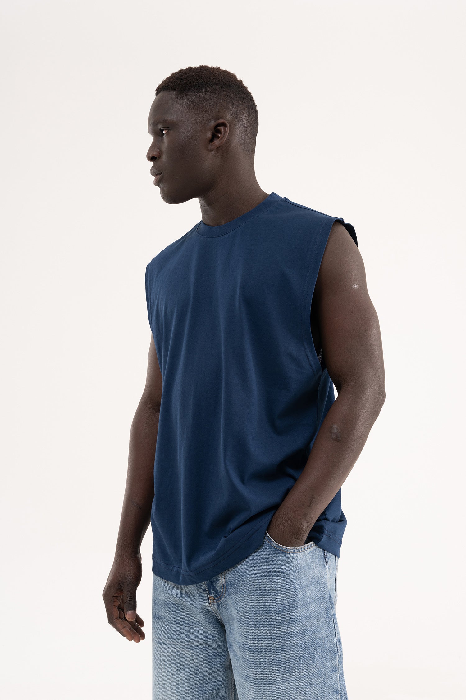 Erkek Oversize Bisiklet Yaka Basic Atlet Indigo-3
