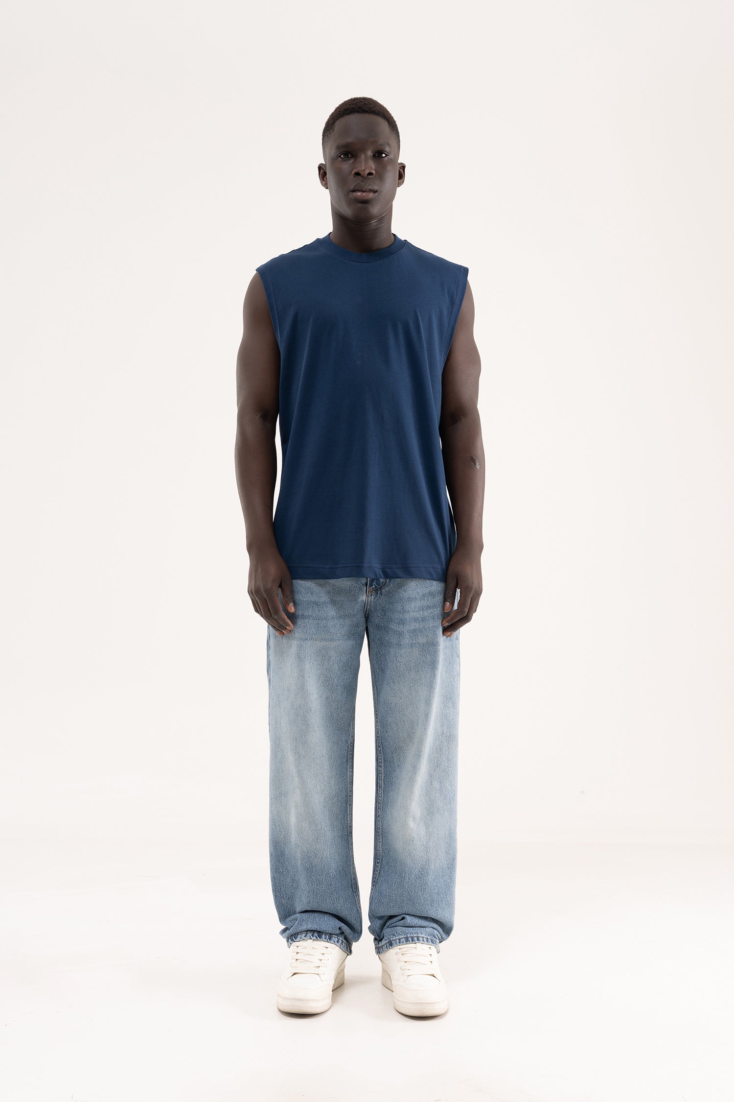 Erkek Oversize Bisiklet Yaka Basic Atlet Indigo-6