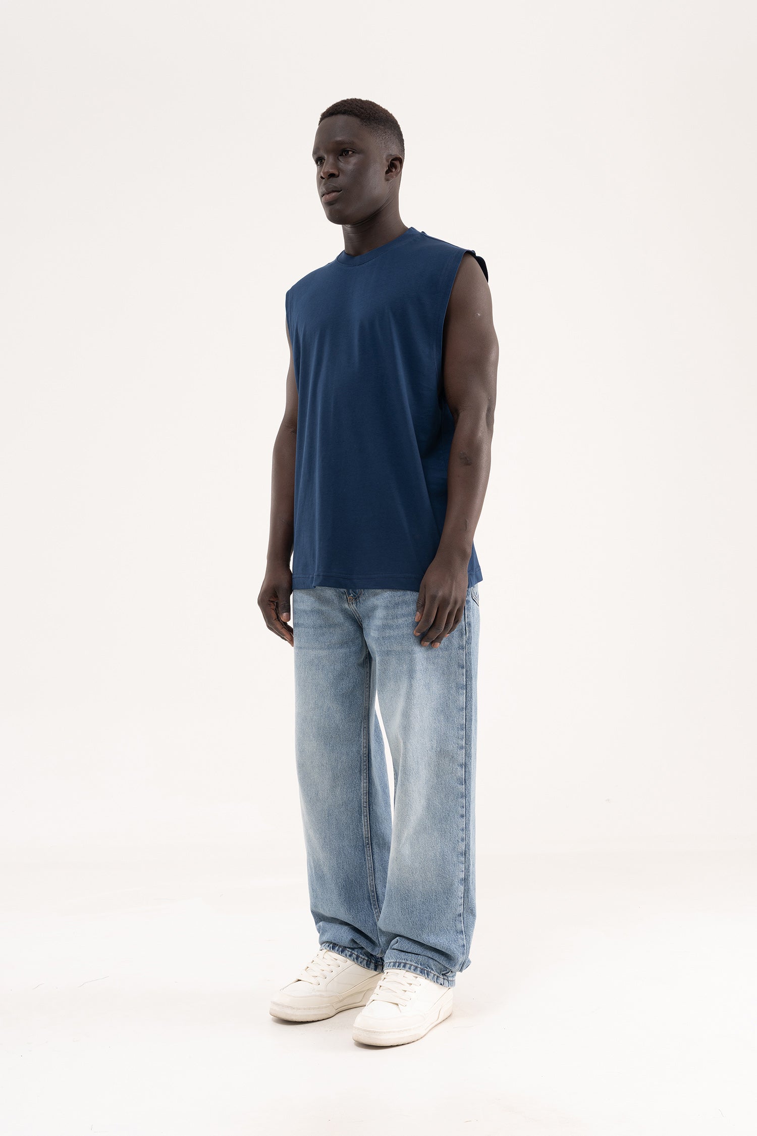 Erkek Oversize Bisiklet Yaka Basic Atlet Indigo-7