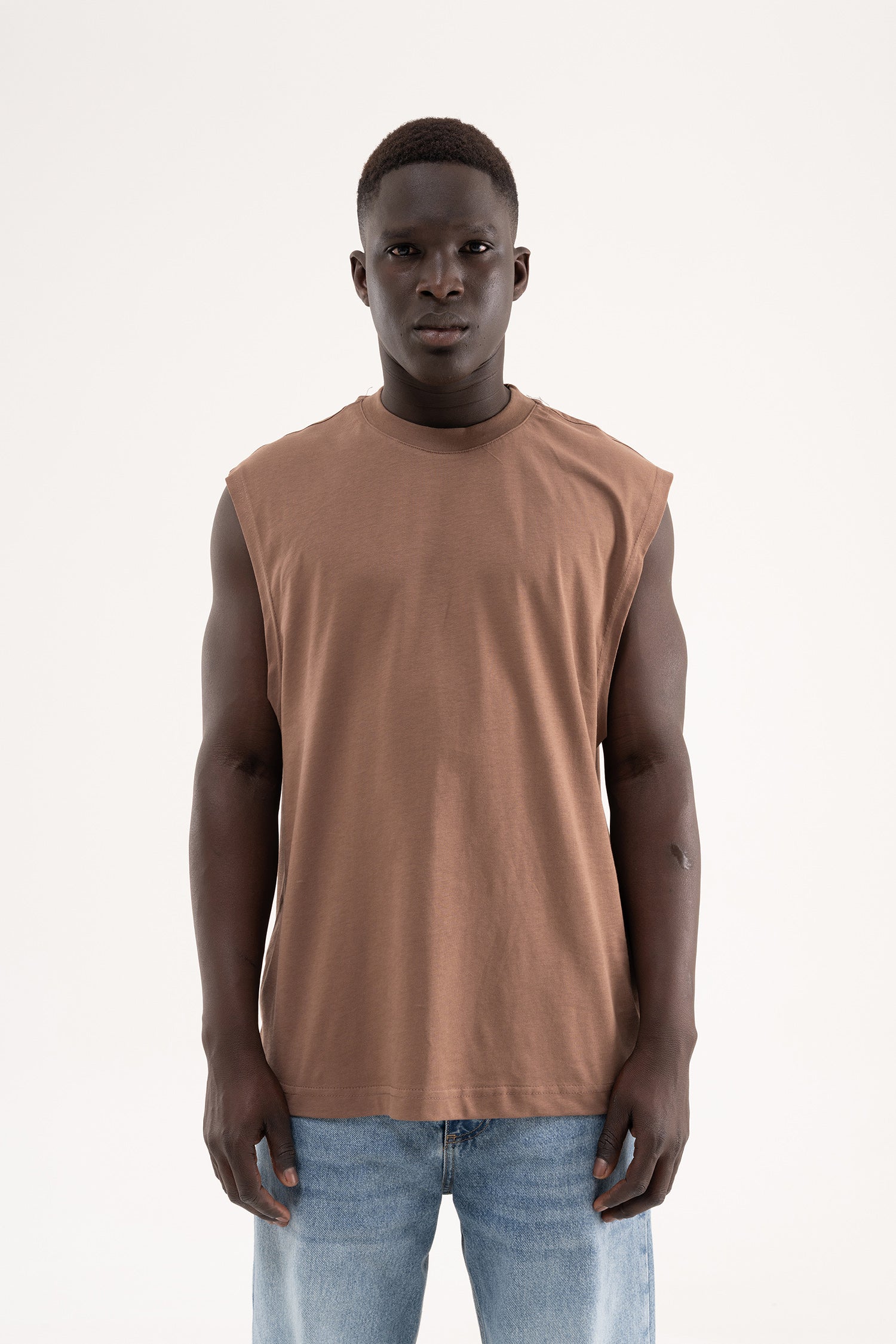 Erkek Oversize Bisiklet Yaka Basic Atlet Kakao