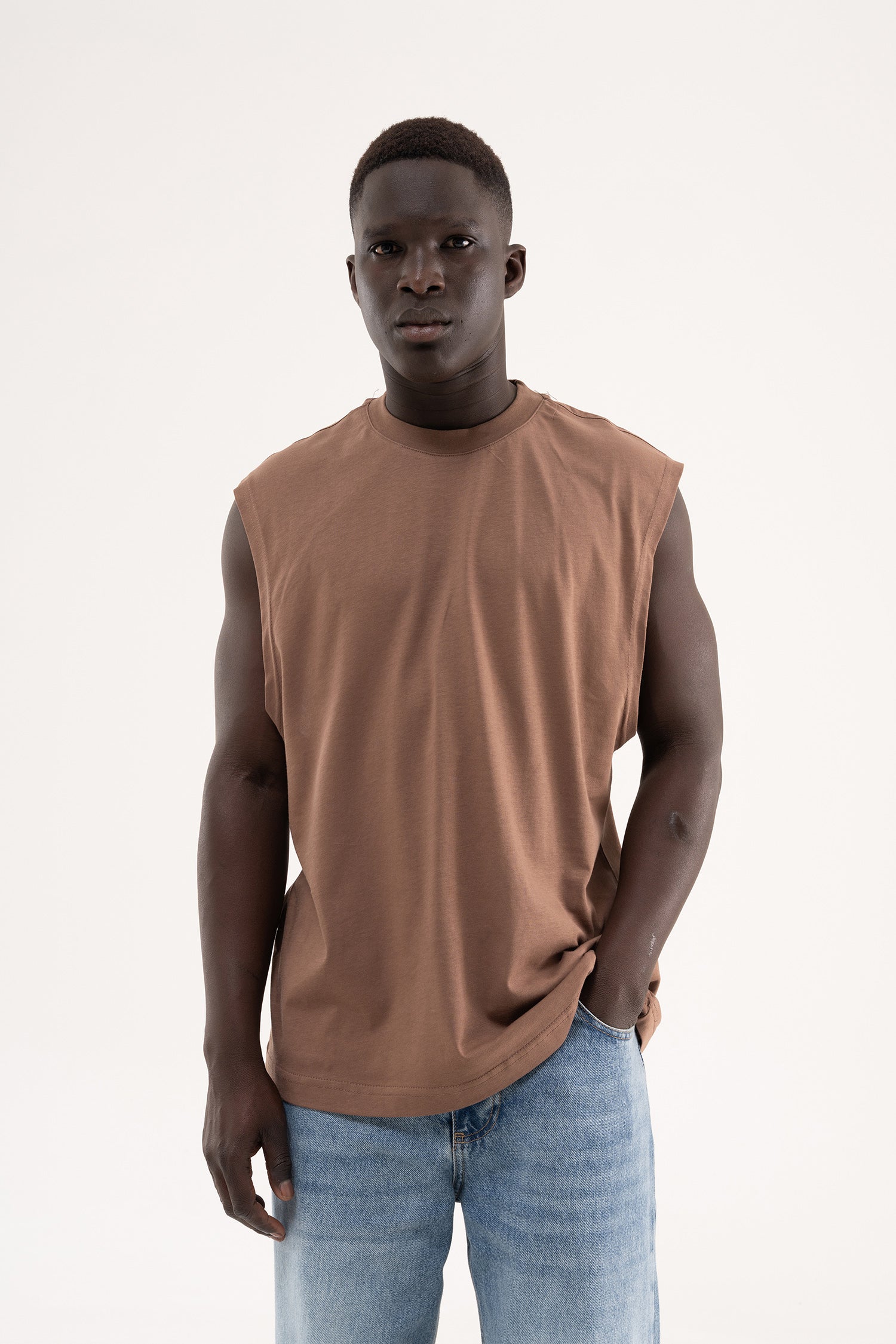 Erkek Oversize Bisiklet Yaka Basic Atlet Kakao