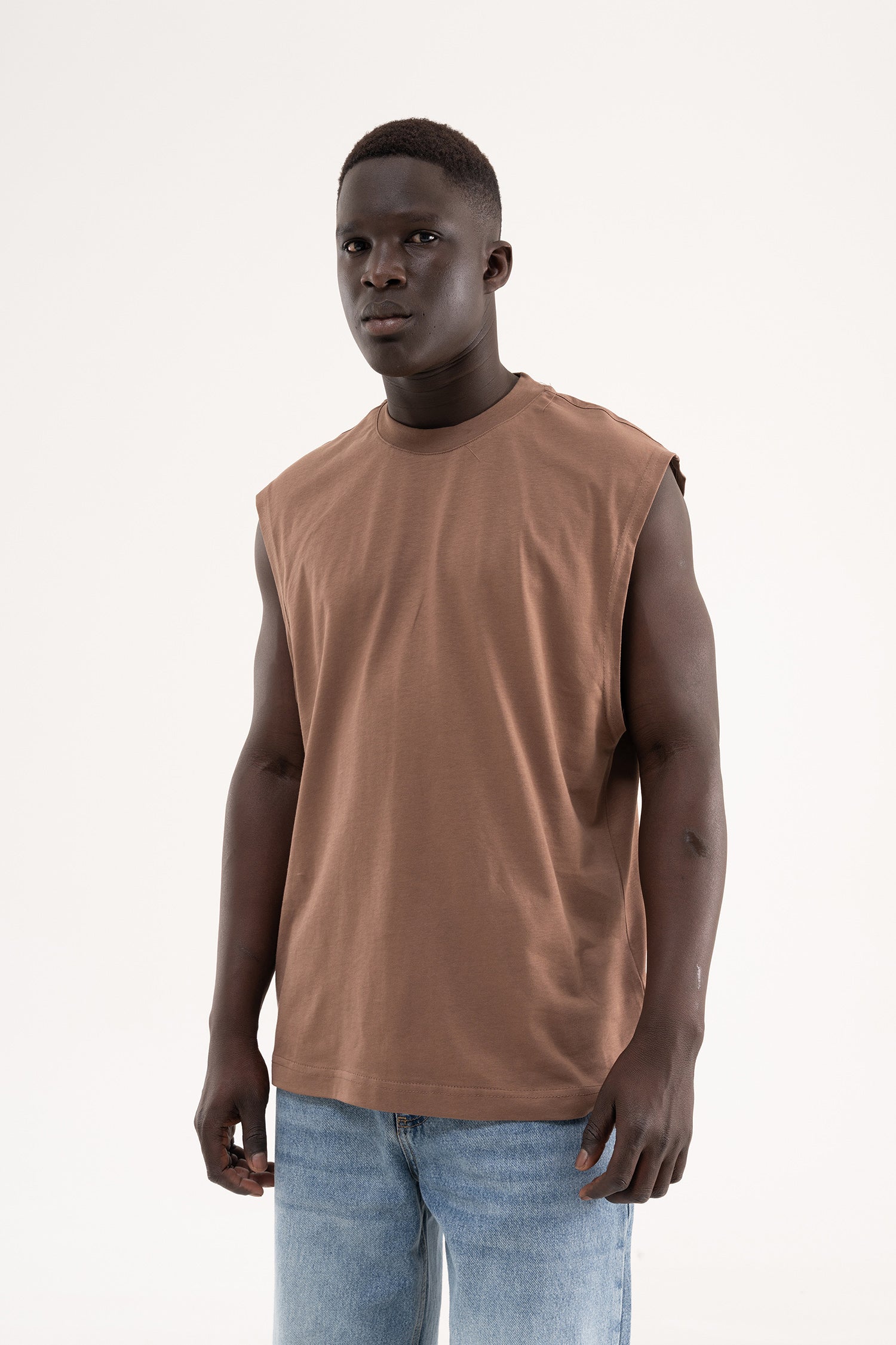 Erkek Oversize Bisiklet Yaka Basic Atlet Kakao-3