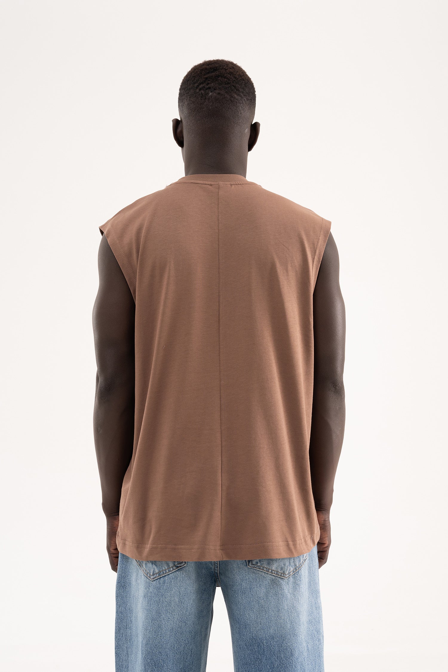 Erkek Oversize Bisiklet Yaka Basic Atlet Kakao-5