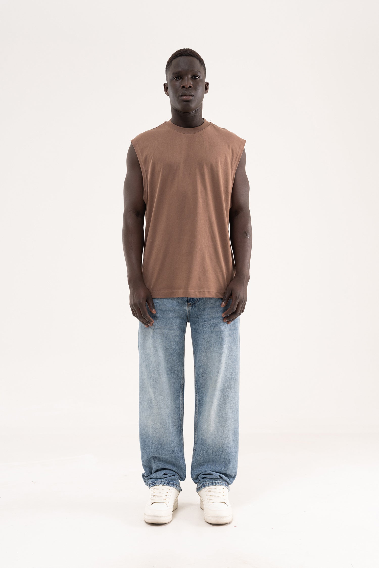 Erkek Oversize Bisiklet Yaka Basic Atlet Kakao-6