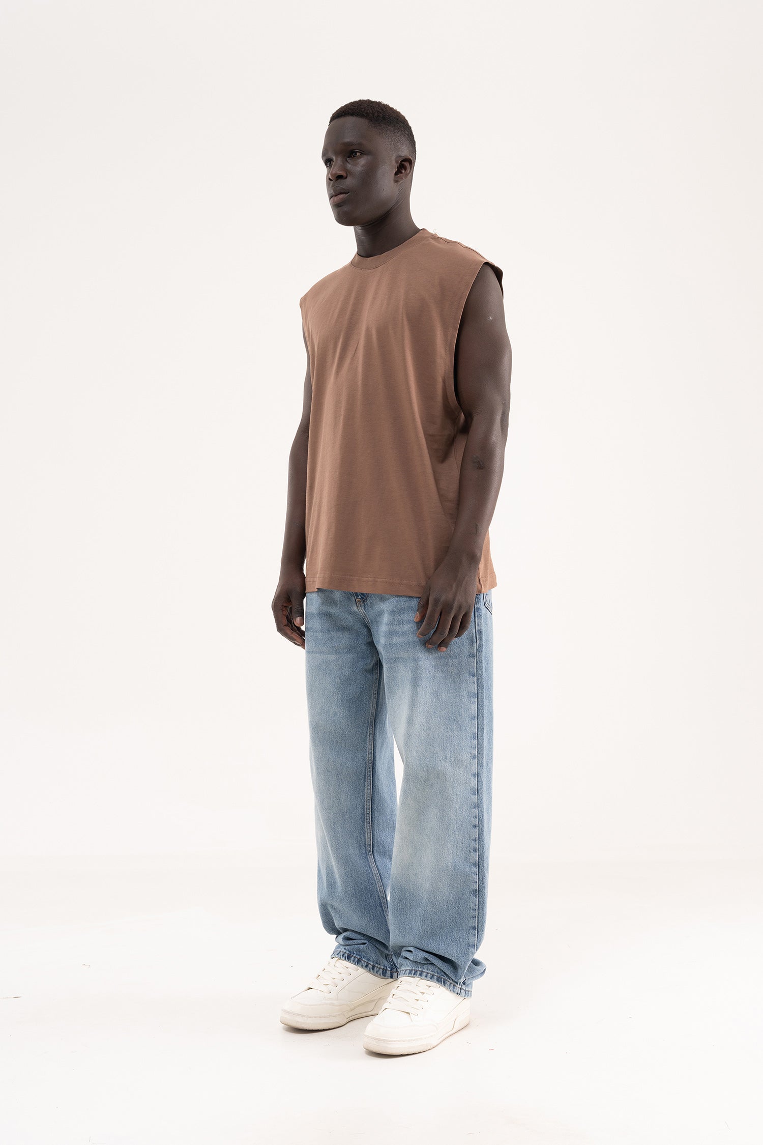 Erkek Oversize Bisiklet Yaka Basic Atlet Kakao-7