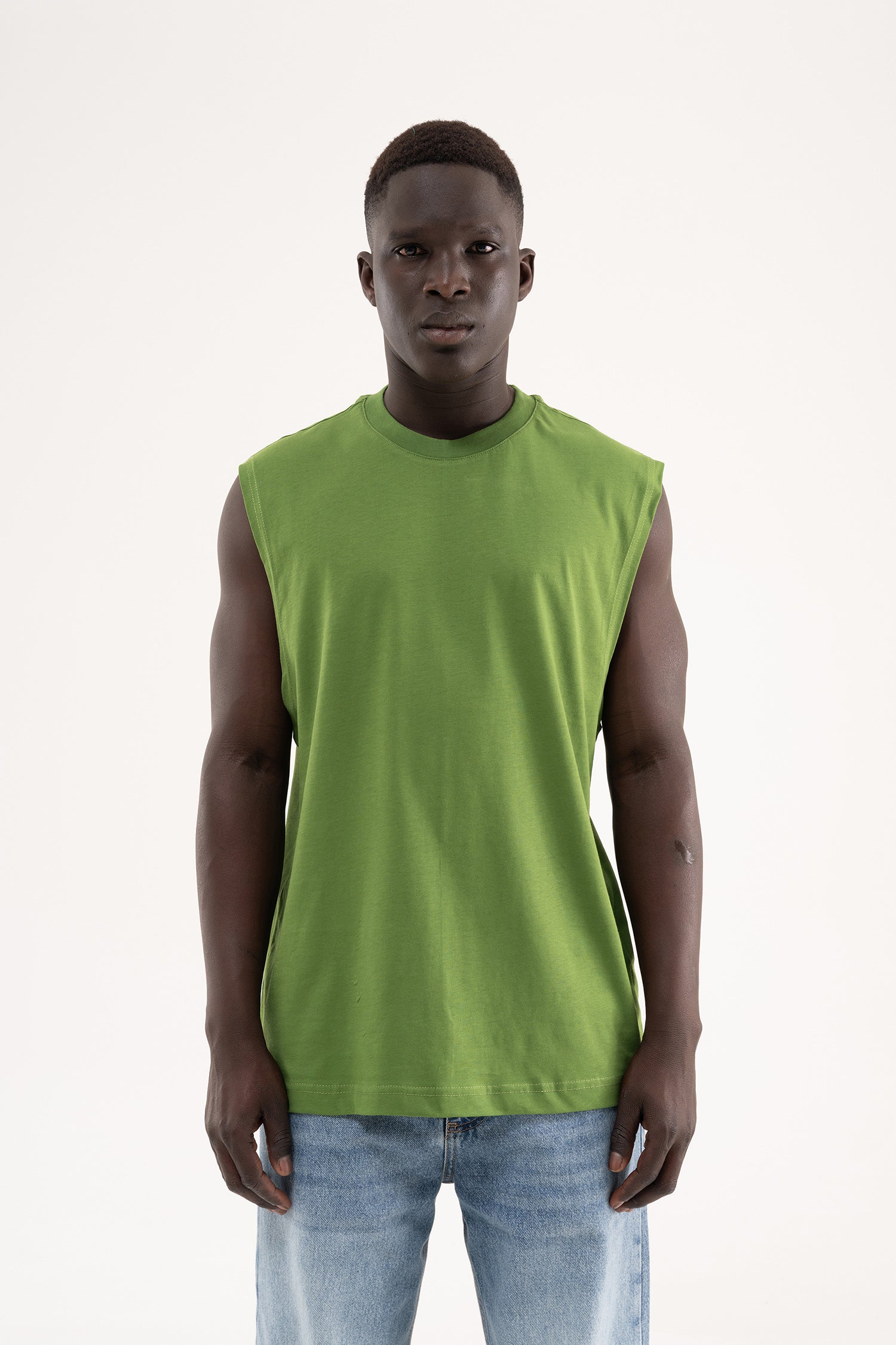 Erkek Oversize Bisiklet Yaka Basic Atlet Kale Yeşili
