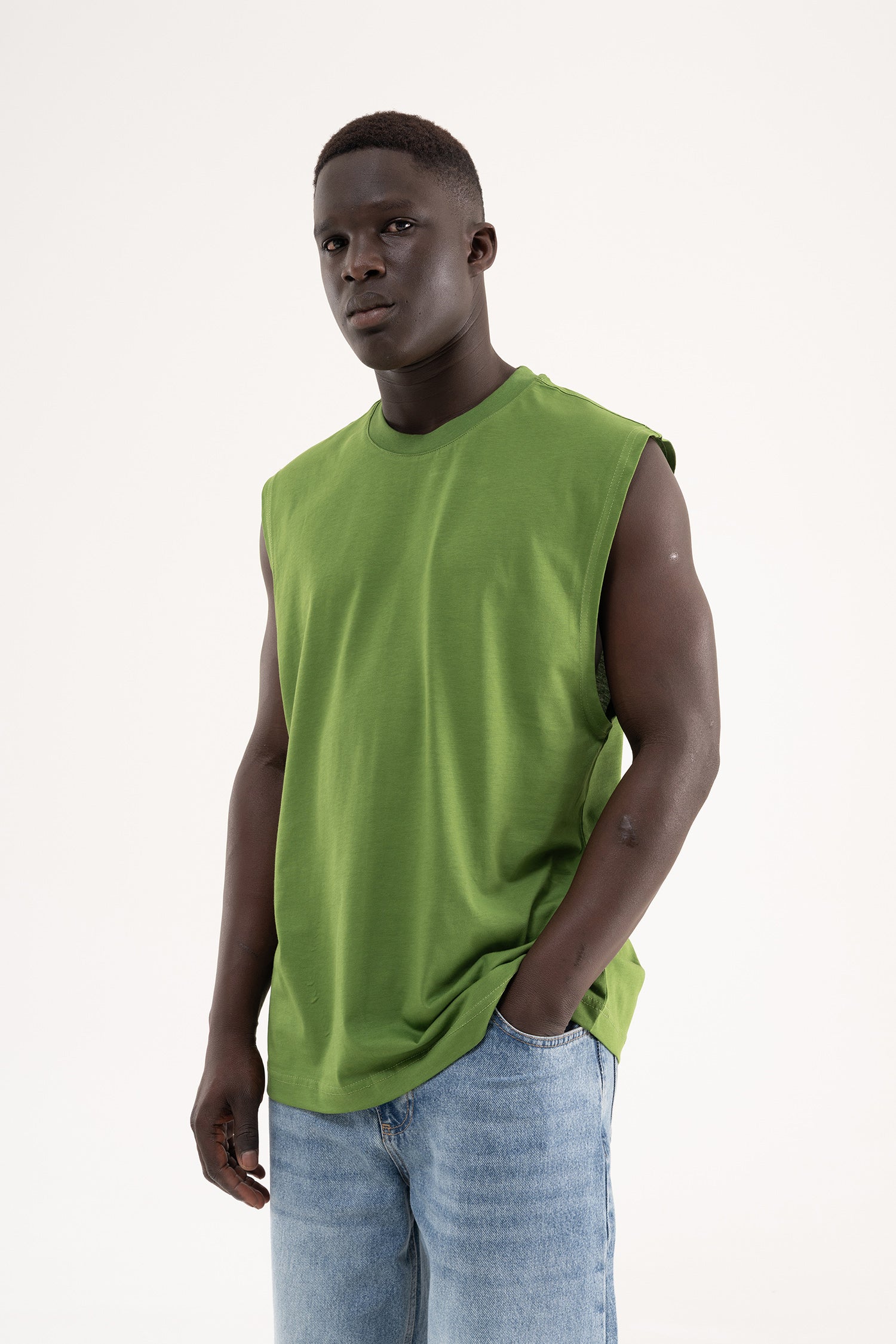 Erkek Oversize Bisiklet Yaka Basic Atlet Kale Yeşili-3