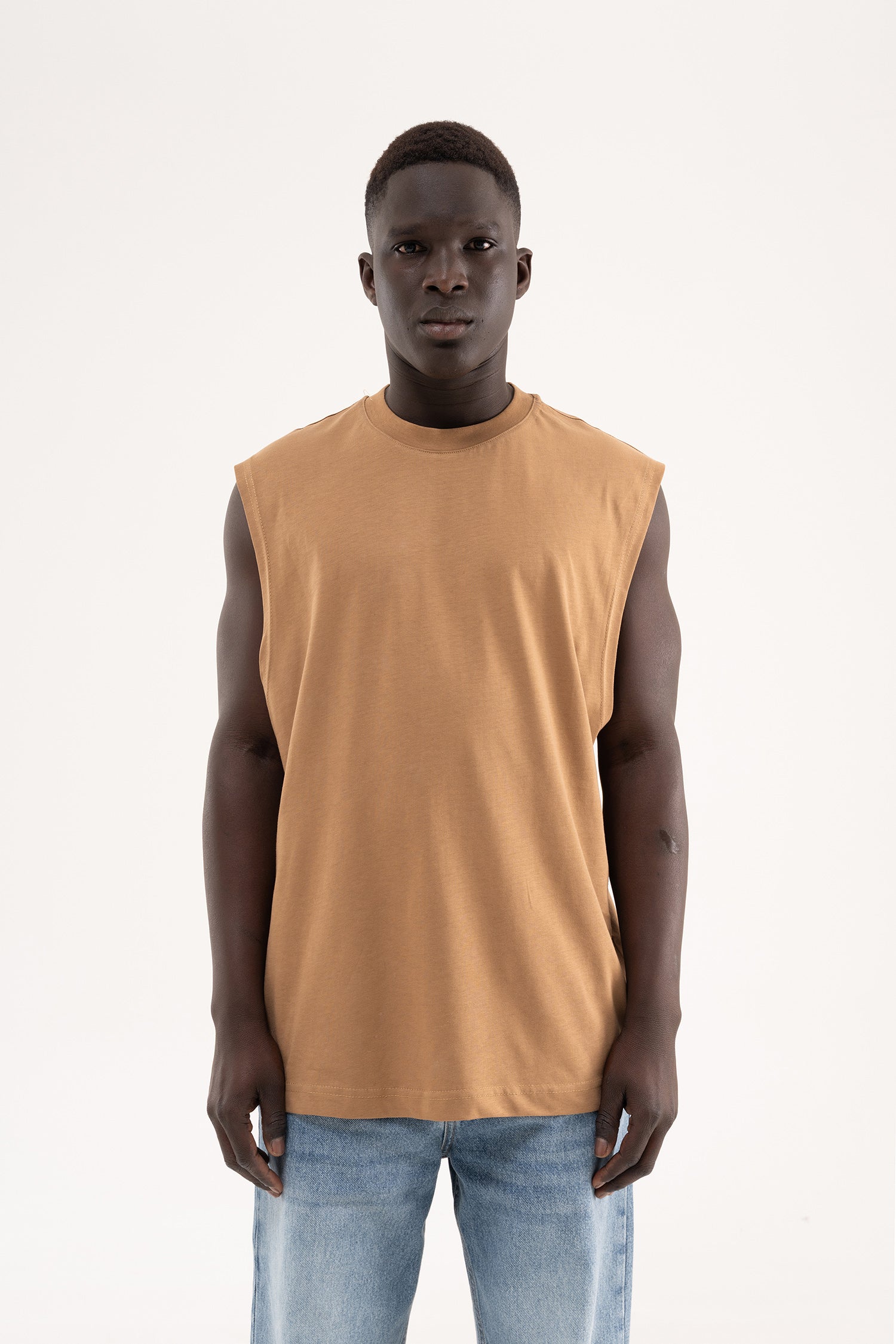 Erkek Oversize Bisiklet Yaka Basic Atlet Kapuçino