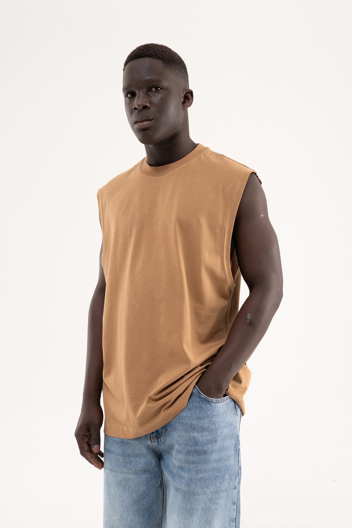 Erkek Oversize Bisiklet Yaka Basic Atlet Kapuçino-3