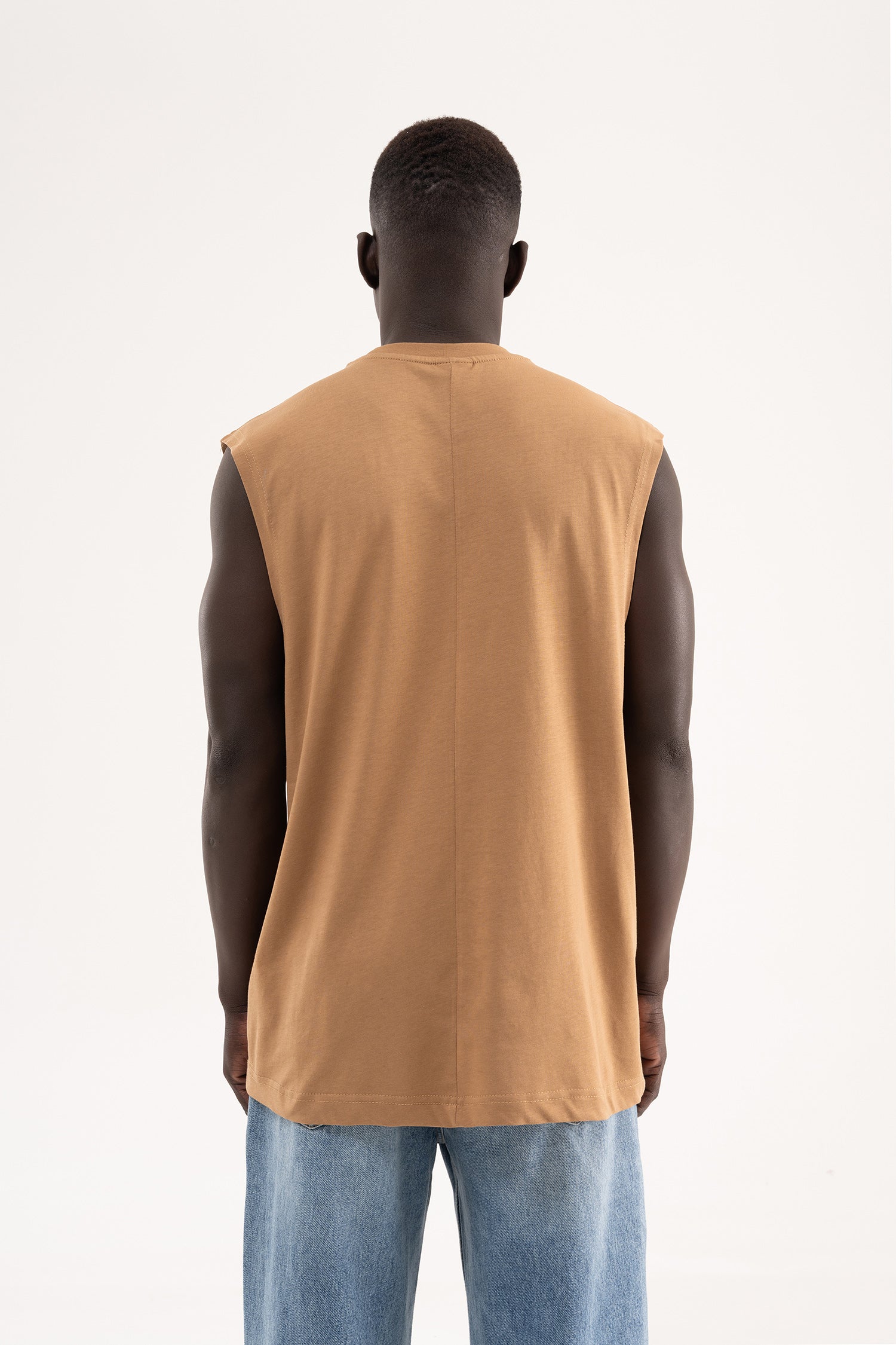 Erkek Oversize Bisiklet Yaka Basic Atlet Kapuçino-5