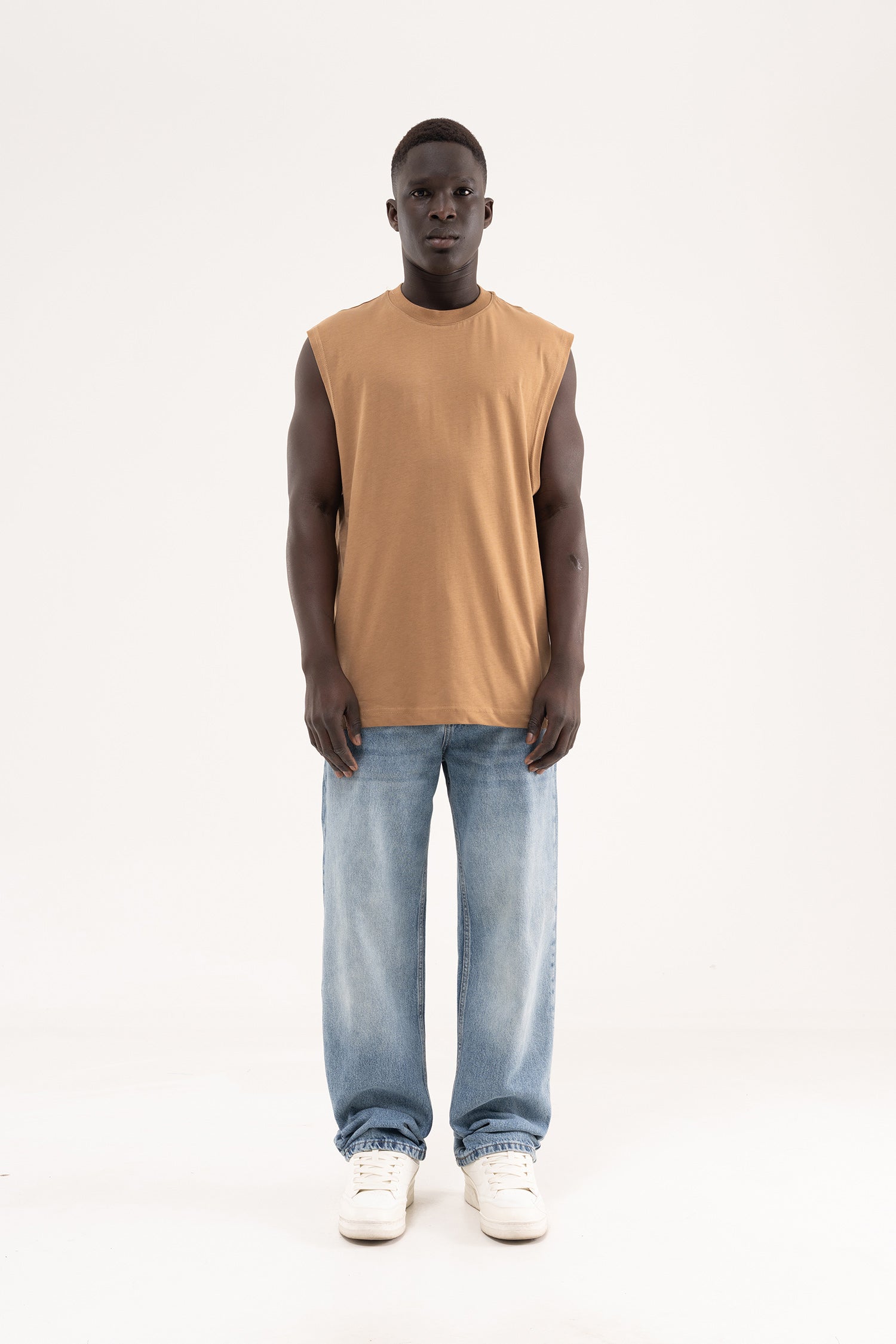 Erkek Oversize Bisiklet Yaka Basic Atlet Kapuçino-6