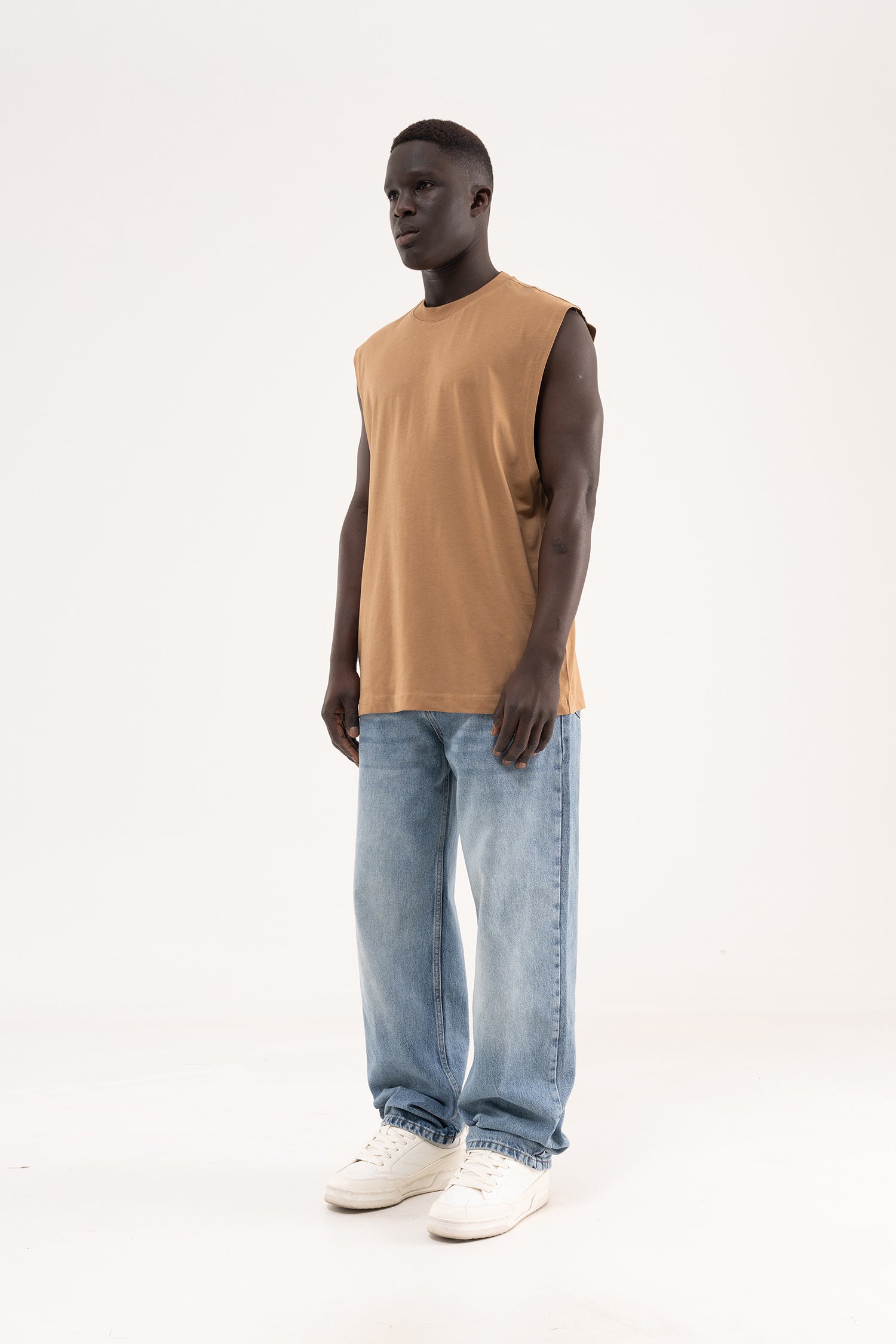 Erkek Oversize Bisiklet Yaka Basic Atlet Kapuçino-7
