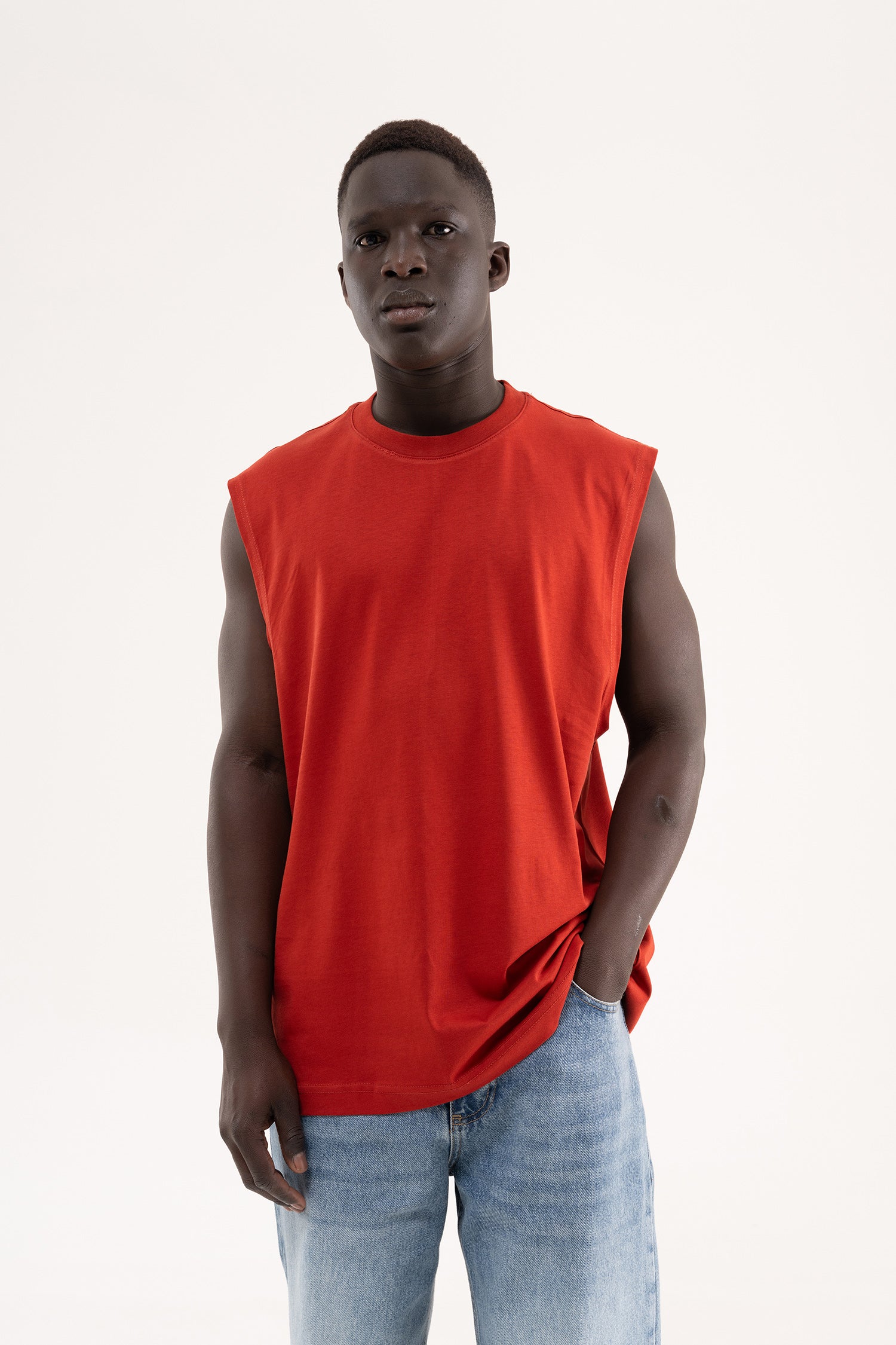 Erkek Oversize Bisiklet Yaka Basic Atlet Kiremit