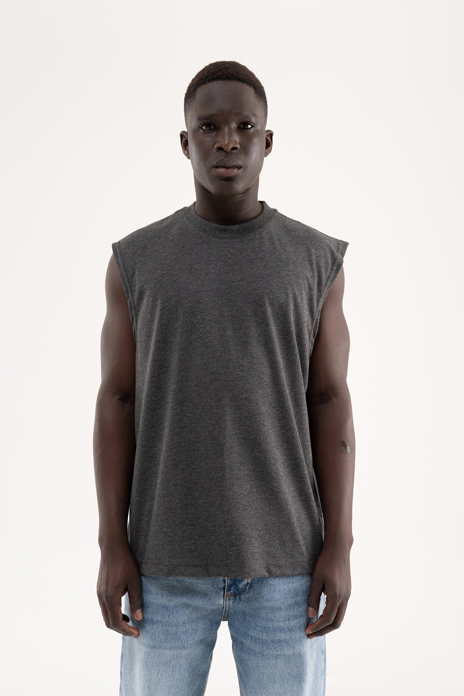 Erkek Oversize Bisiklet Yaka Basic Atlet Koyu Antrasit