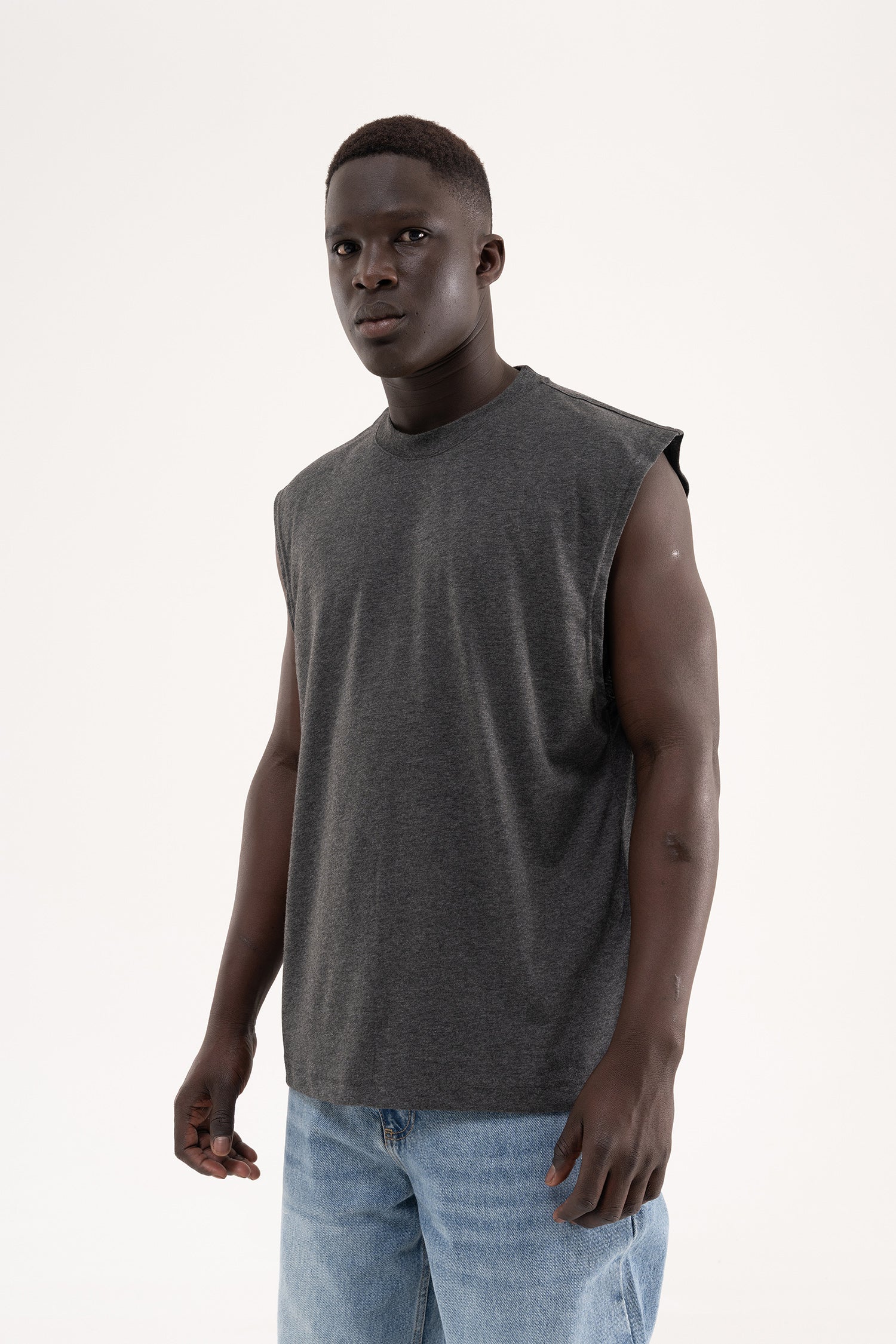 Erkek Oversize Bisiklet Yaka Basic Atlet Koyu Antrasit-3