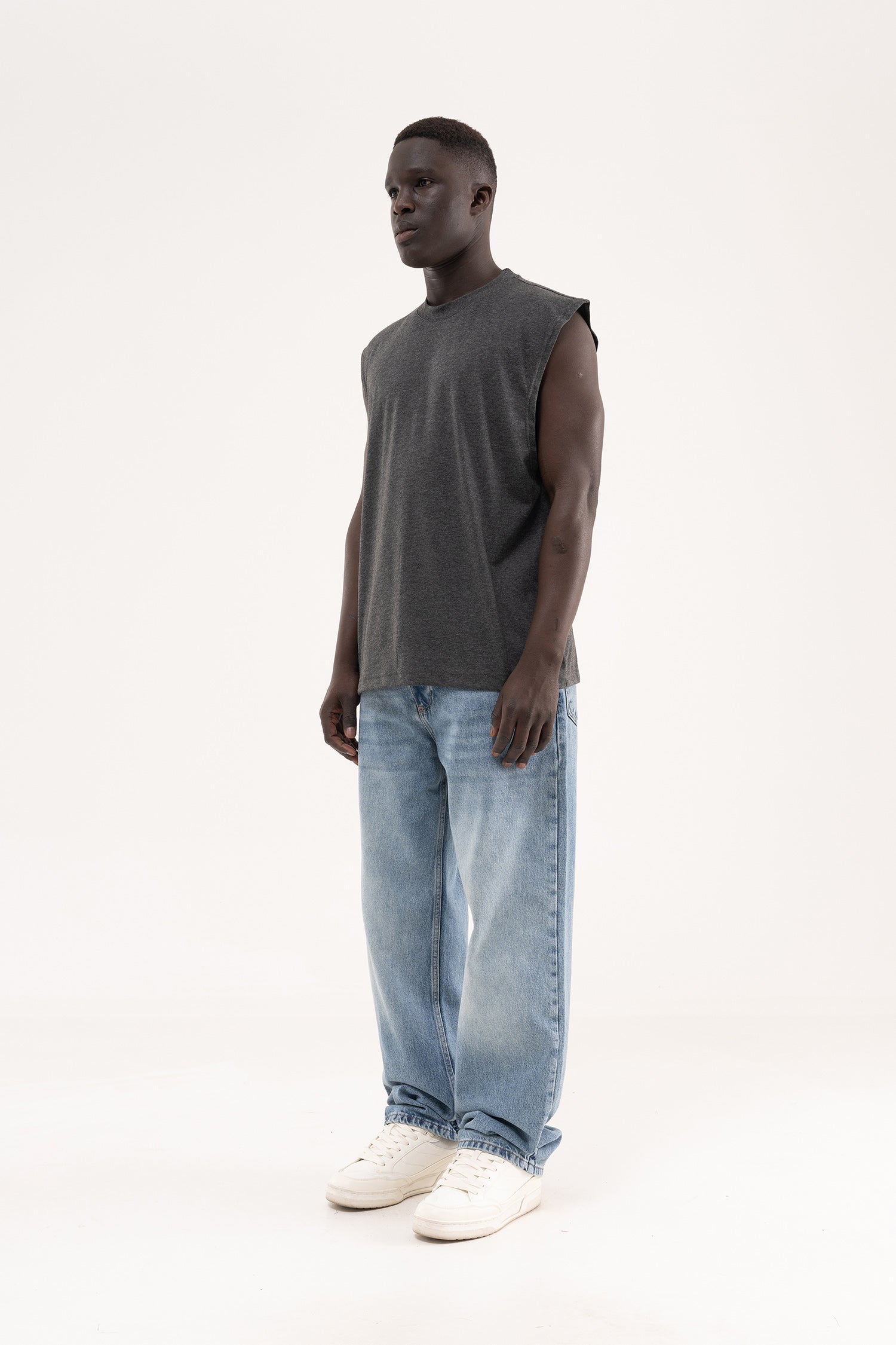 Erkek Oversize Bisiklet Yaka Basic Atlet Koyu Antrasit-7