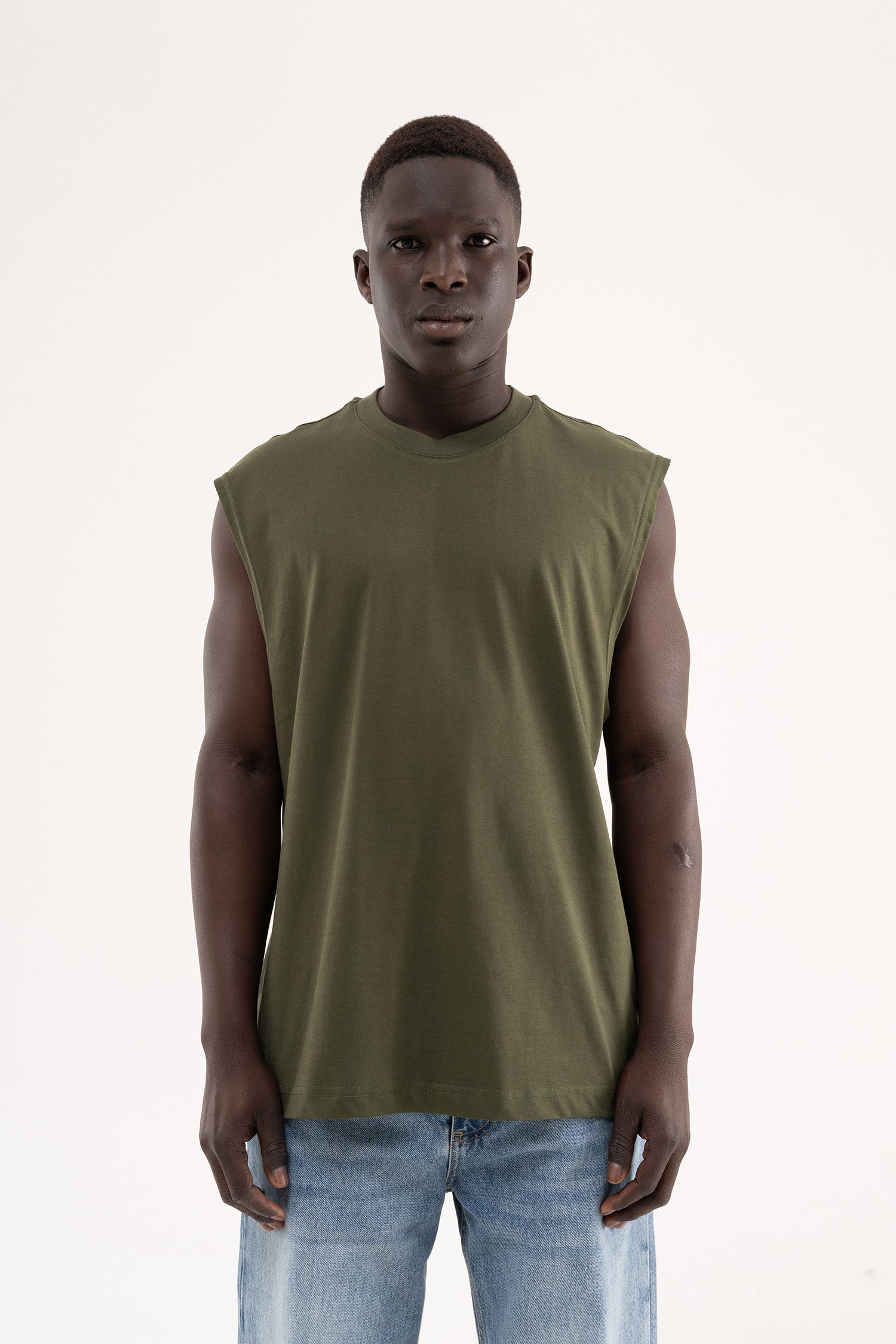 Erkek Oversize Bisiklet Yaka Basic Atlet Koyu Haki
