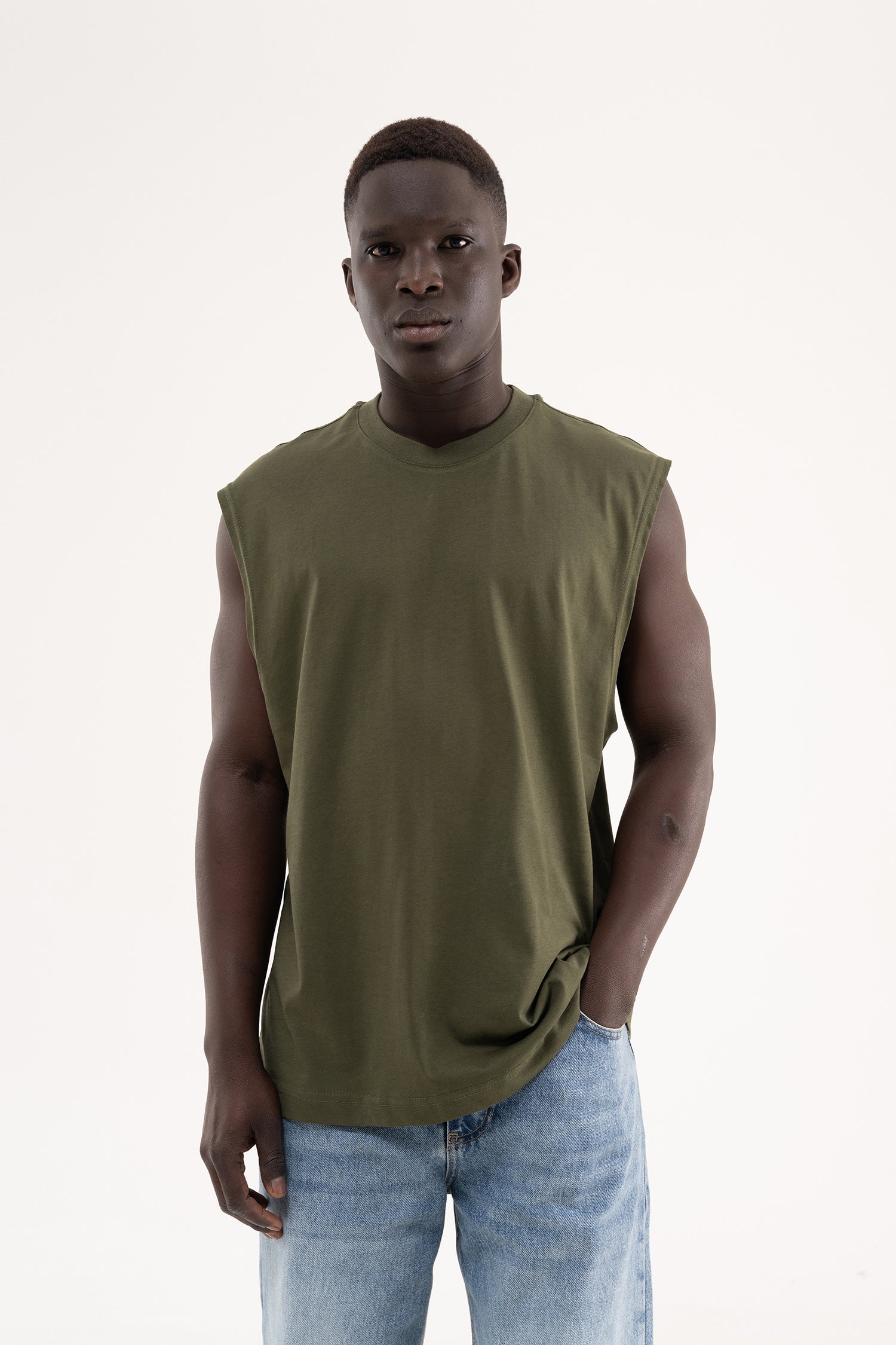 Erkek Oversize Bisiklet Yaka Basic Atlet Koyu Haki